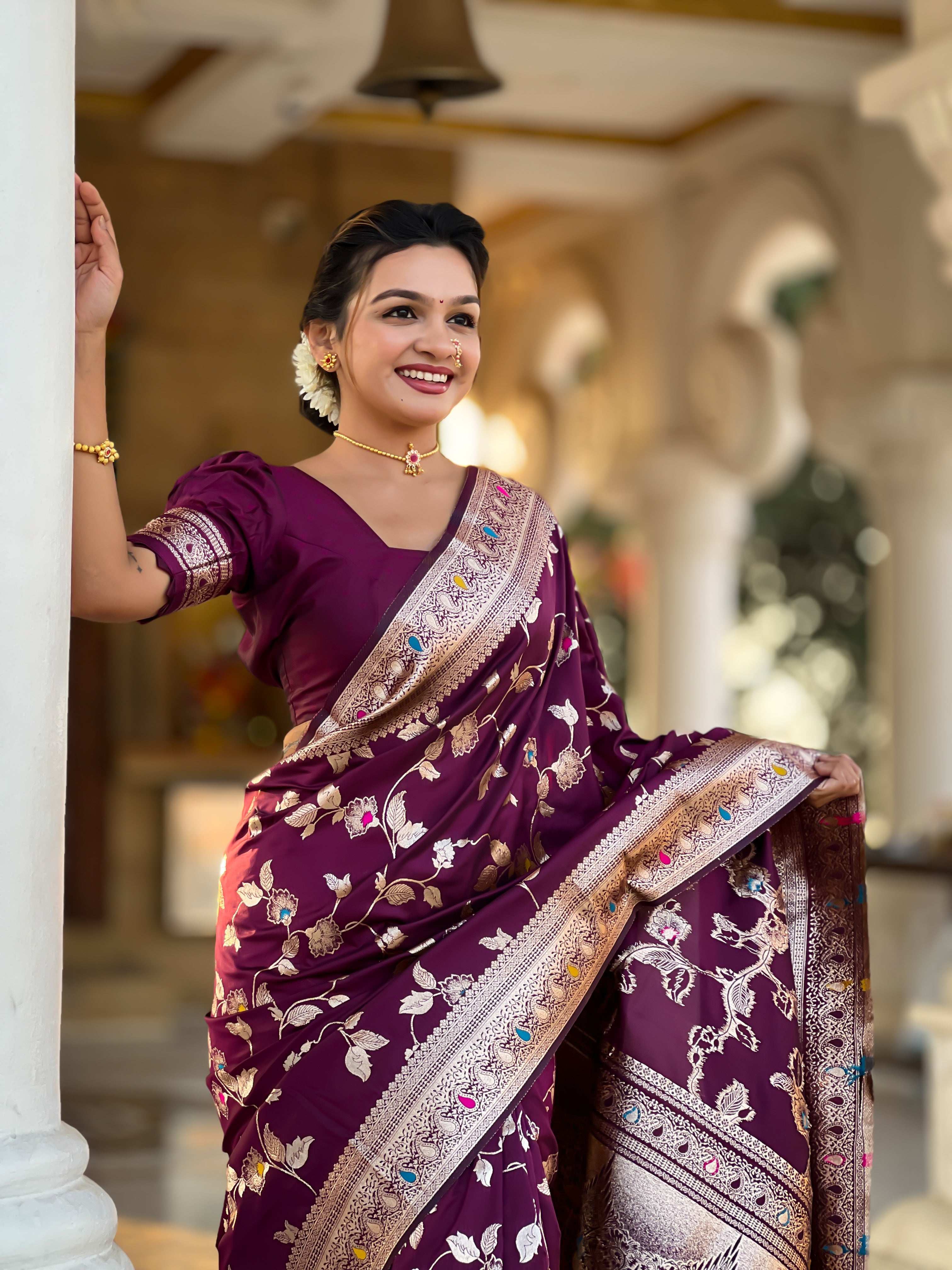 Wine Zari Embroidered Banarasi Silk Saree