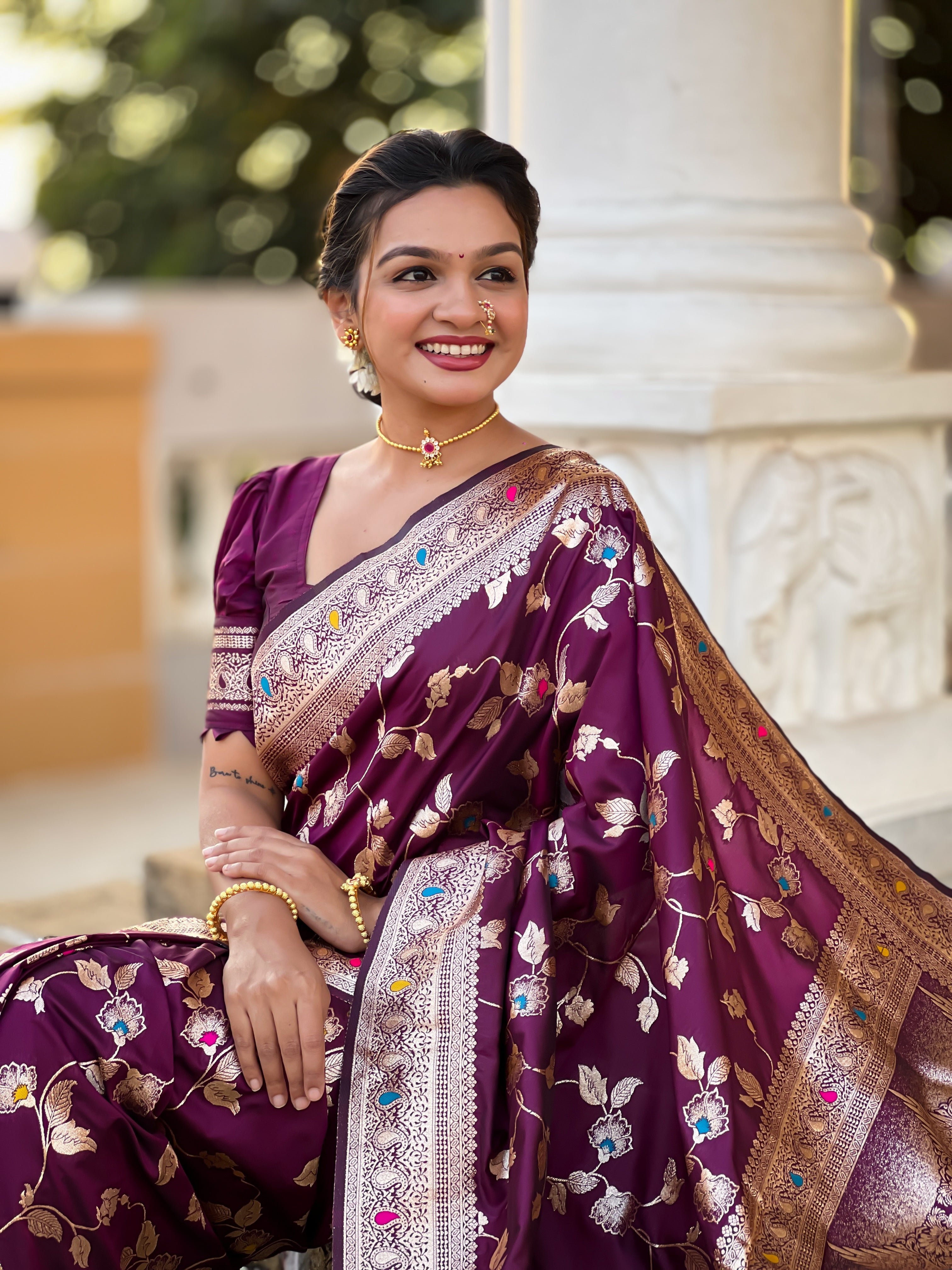 Wine Zari Embroidered Banarasi Silk Saree