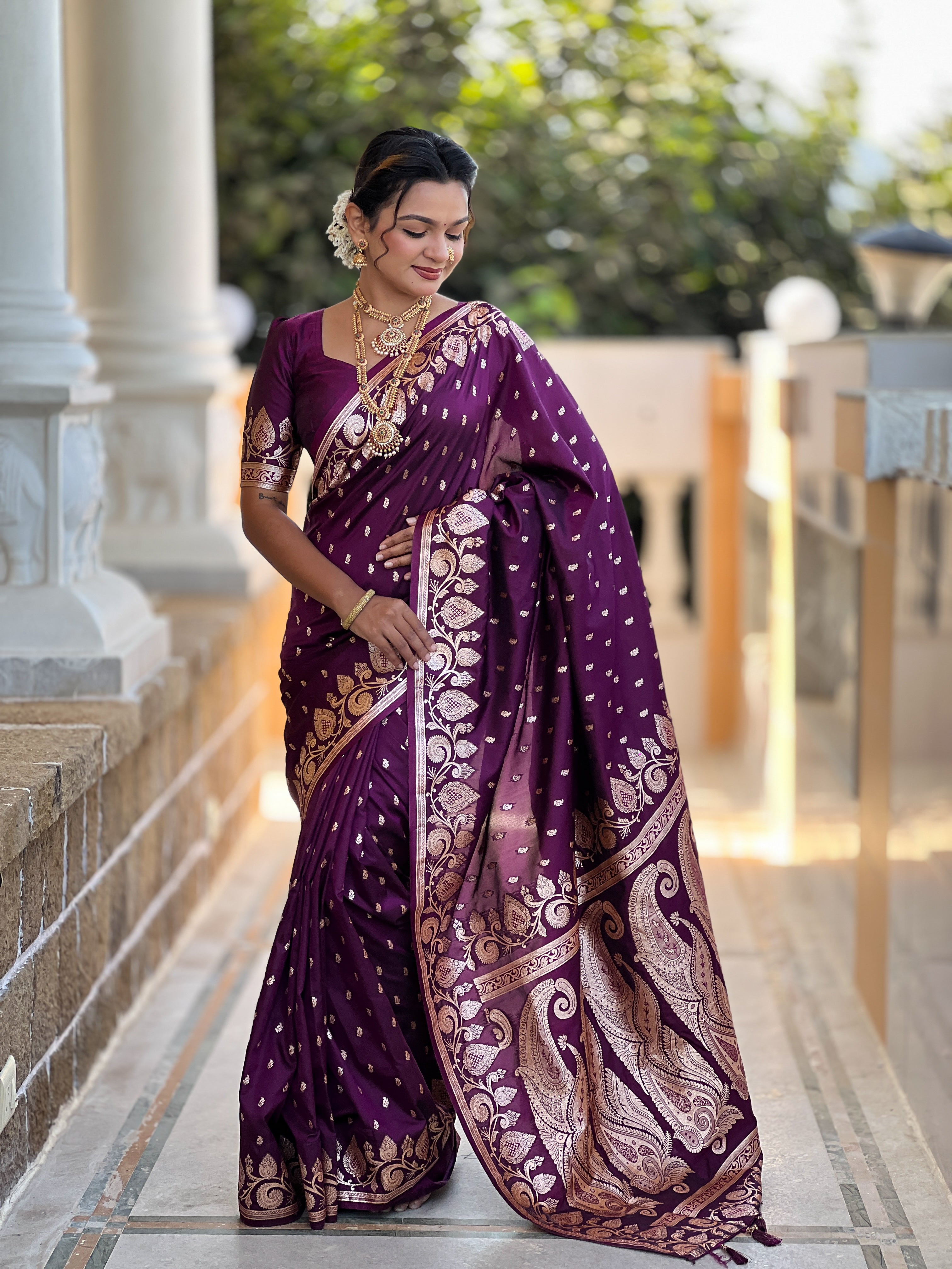 Wine Soft Banarasi Silk Blend Saree With Zari Weaving