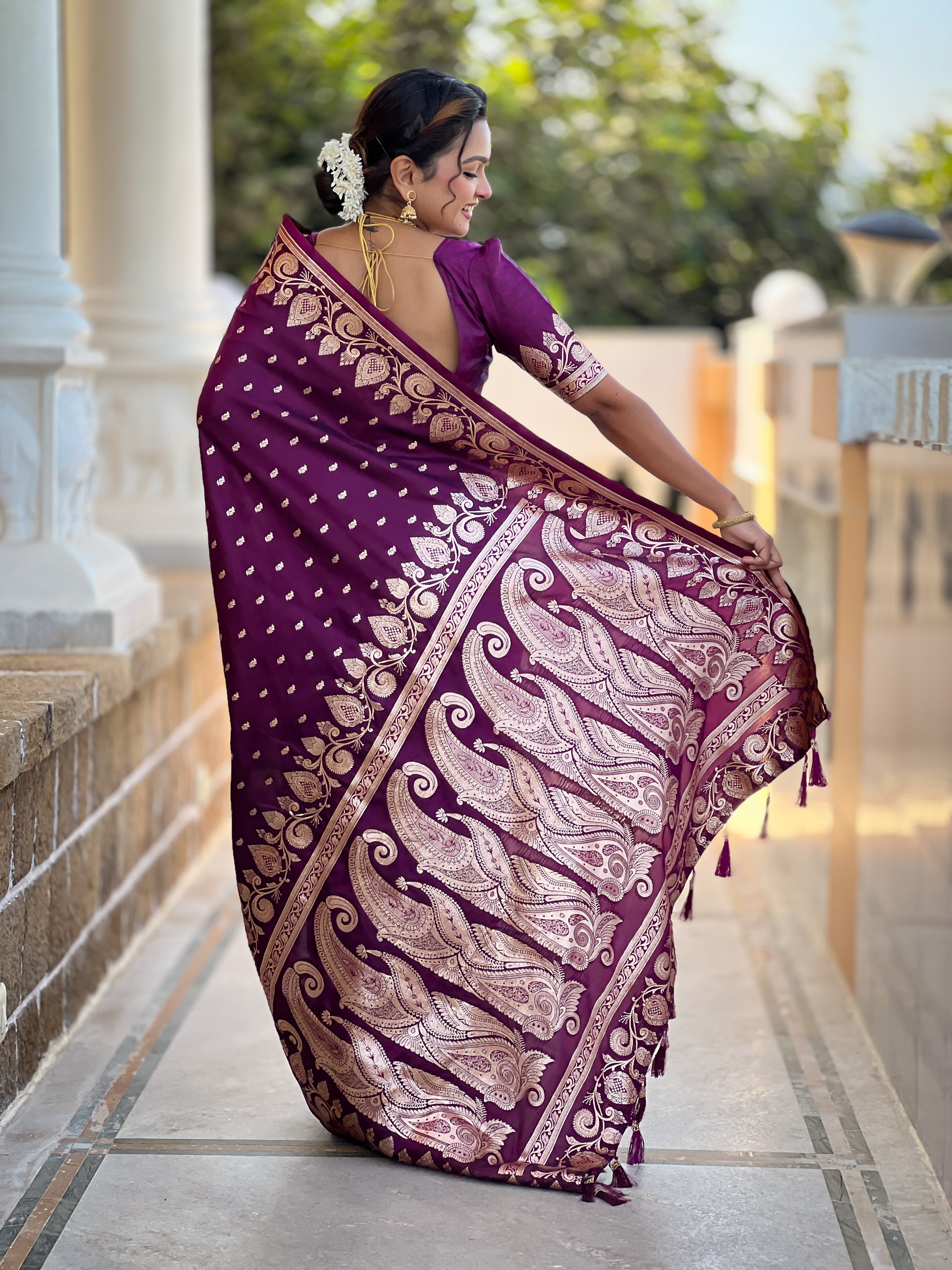 Wine Soft Banarasi Silk Blend Saree With Zari Weaving