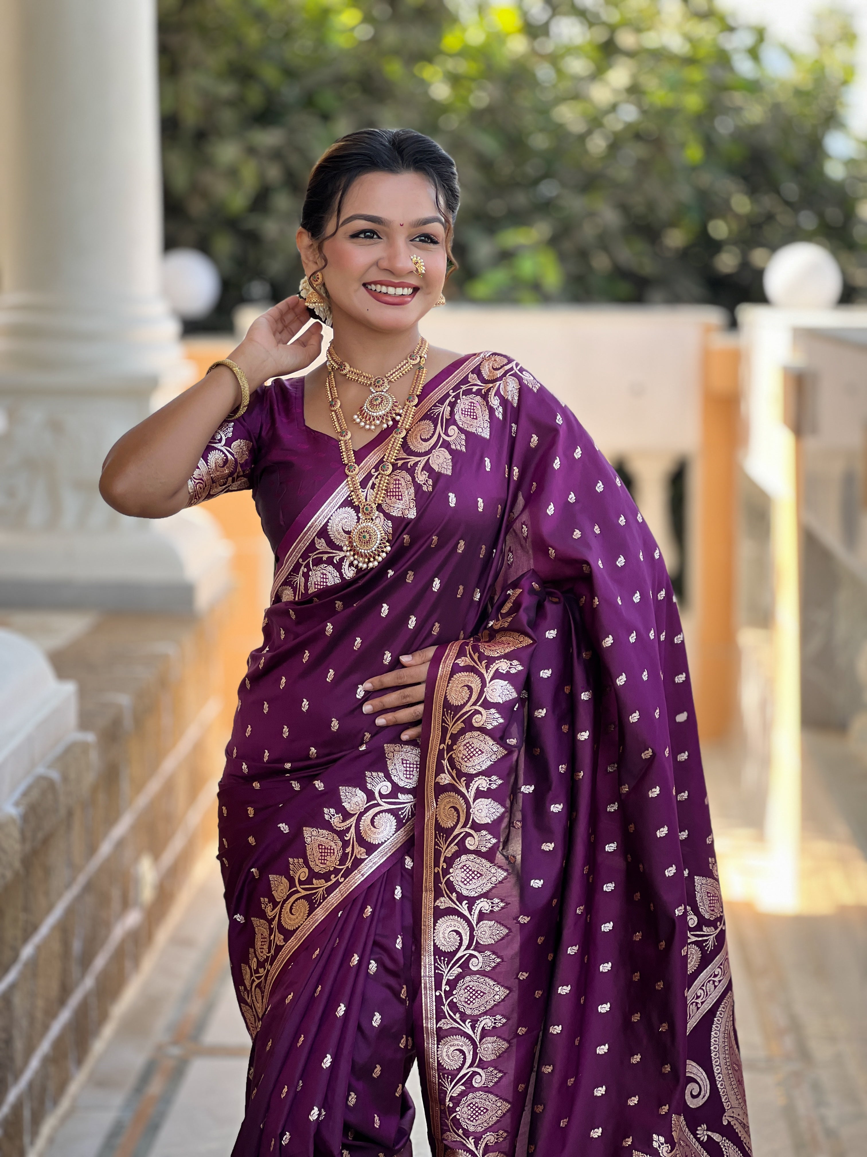 Wine Soft Banarasi Silk Blend Saree With Zari Weaving