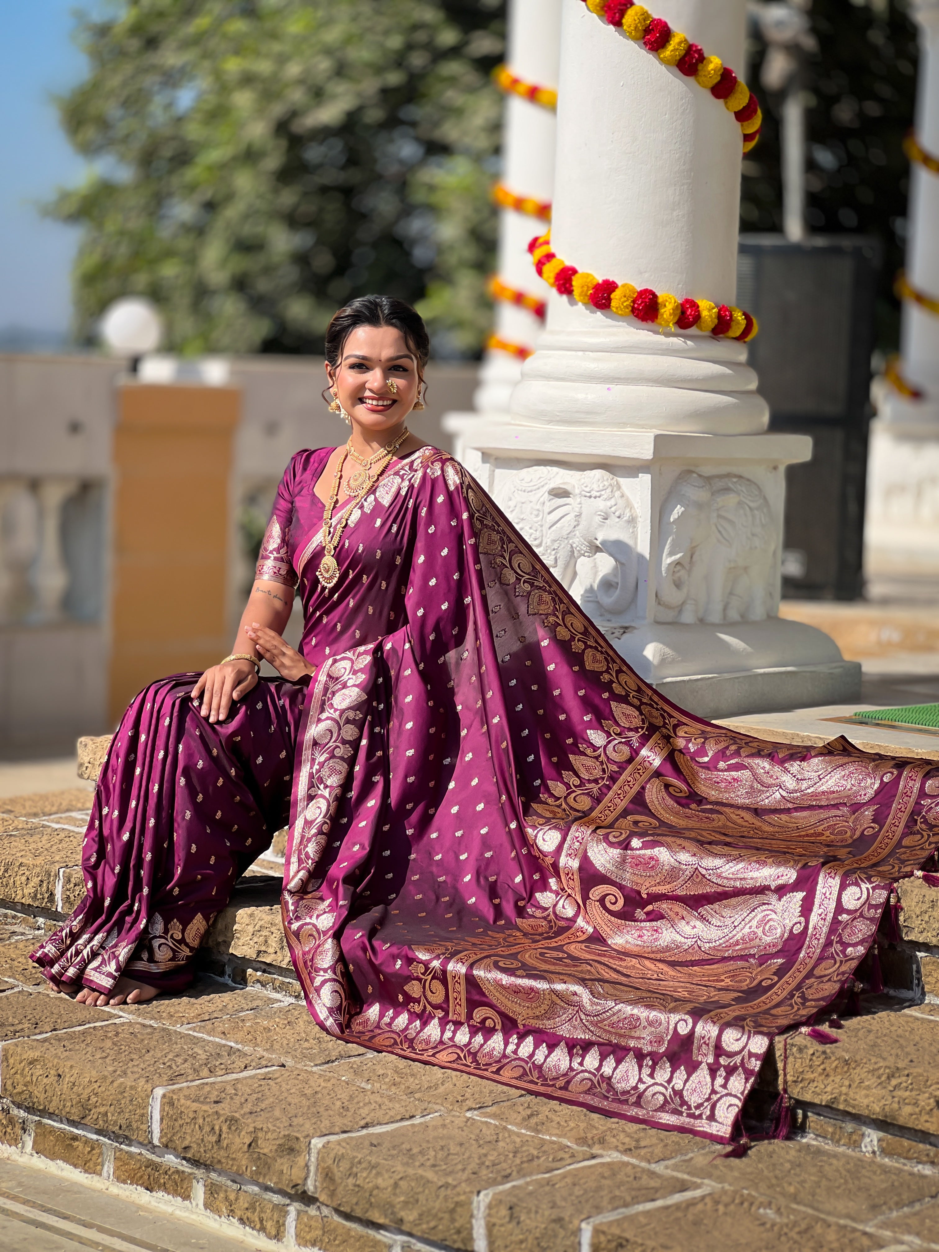 Wine Soft Banarasi Silk Blend Saree With Zari Weaving