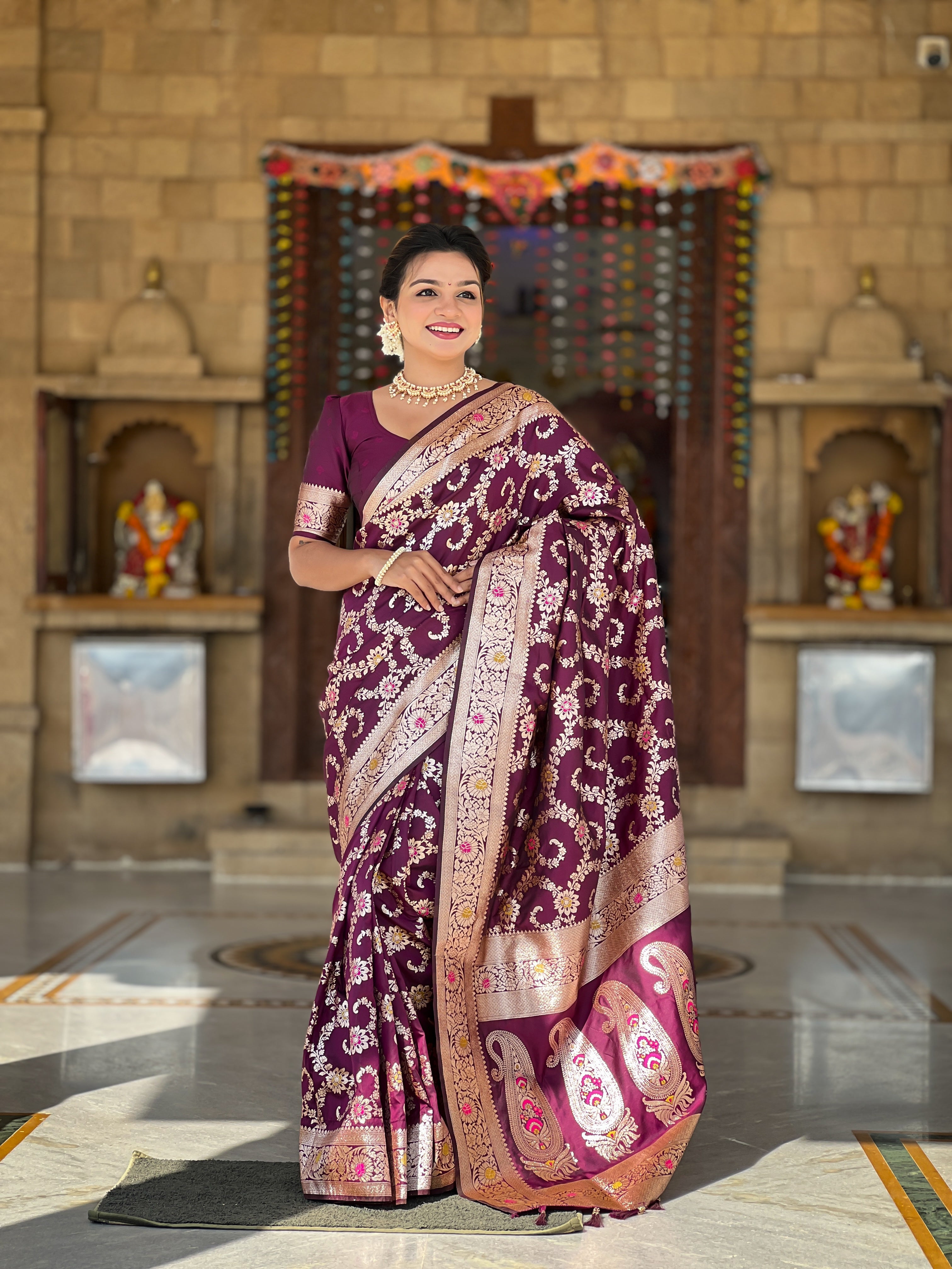 Wine Soft Banarasi Silk Saree with Zari Weaving Meenakari