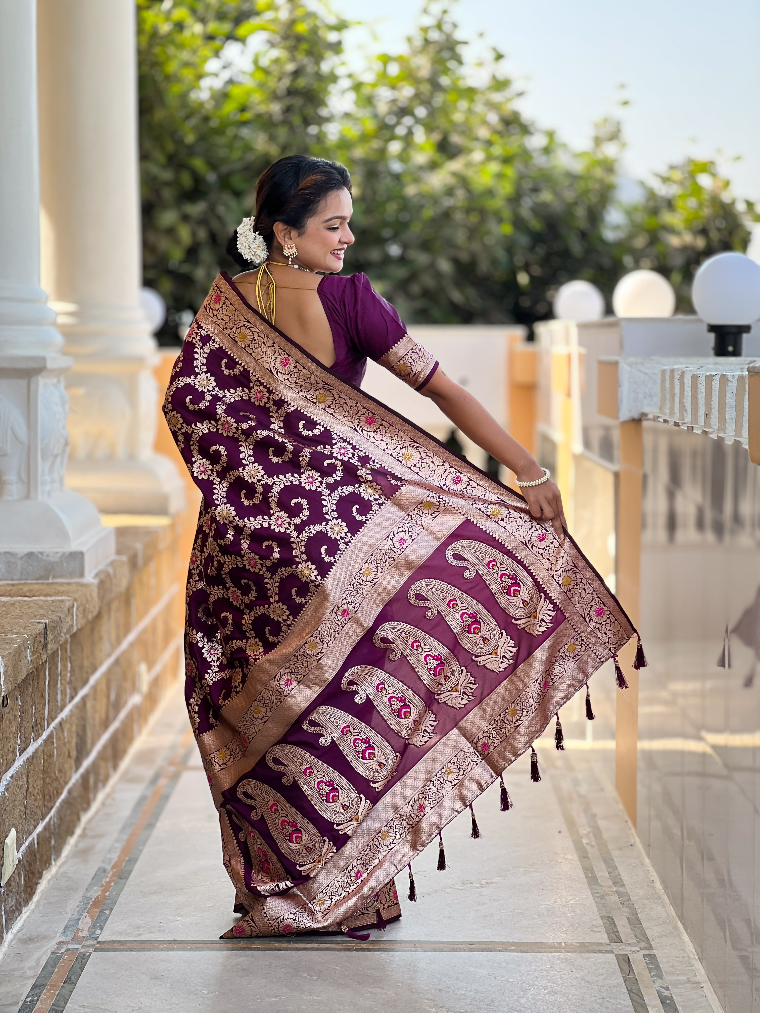 Wine Soft Banarasi Silk Saree with Zari Weaving Meenakari