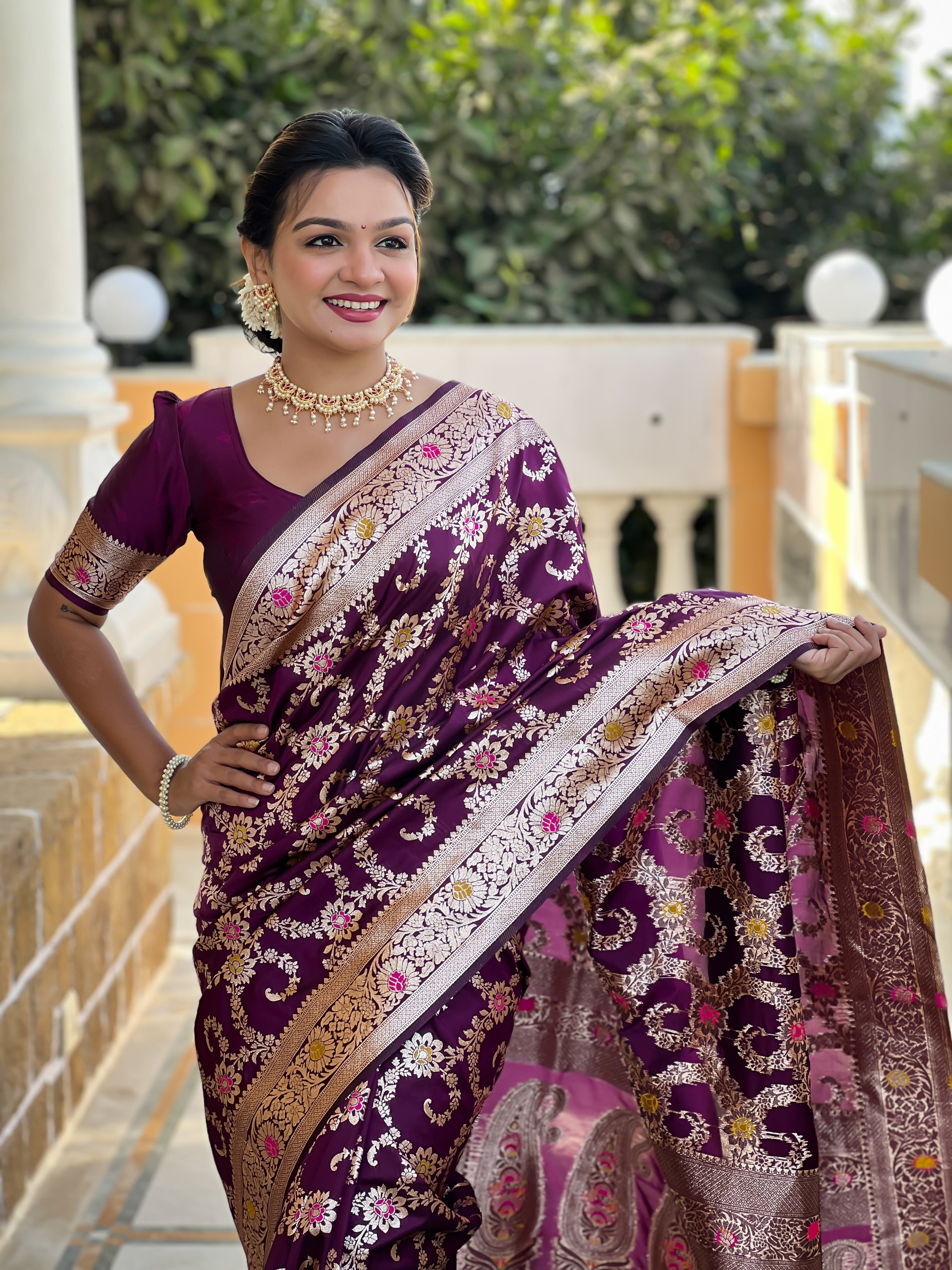 Wine Soft Banarasi Silk Saree with Zari Weaving Meenakari