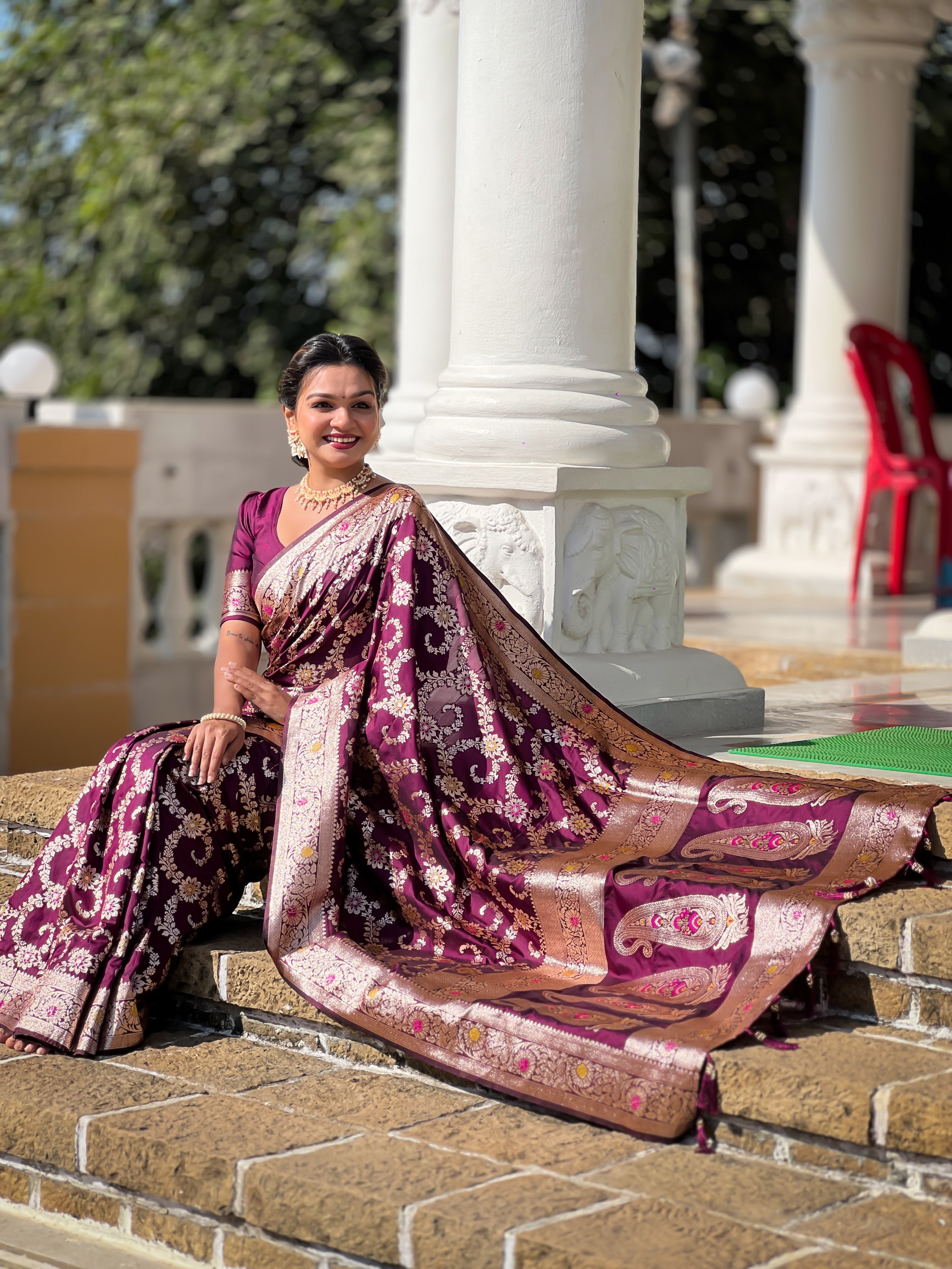 Wine Soft Banarasi Silk Saree with Zari Weaving Meenakari