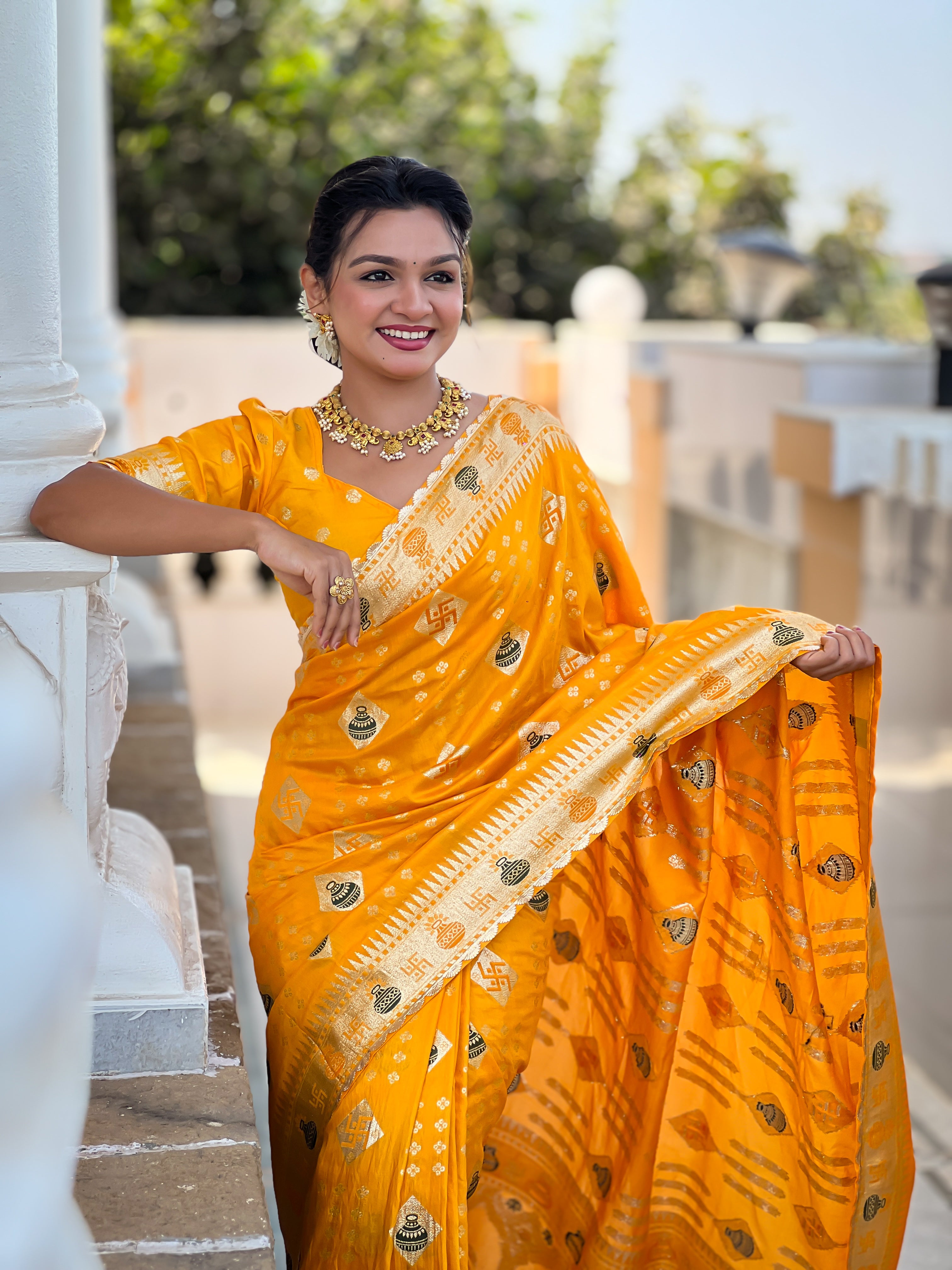 Yellow Swastik Dolla Silk Saree Heavy Meenakari Kalash Design