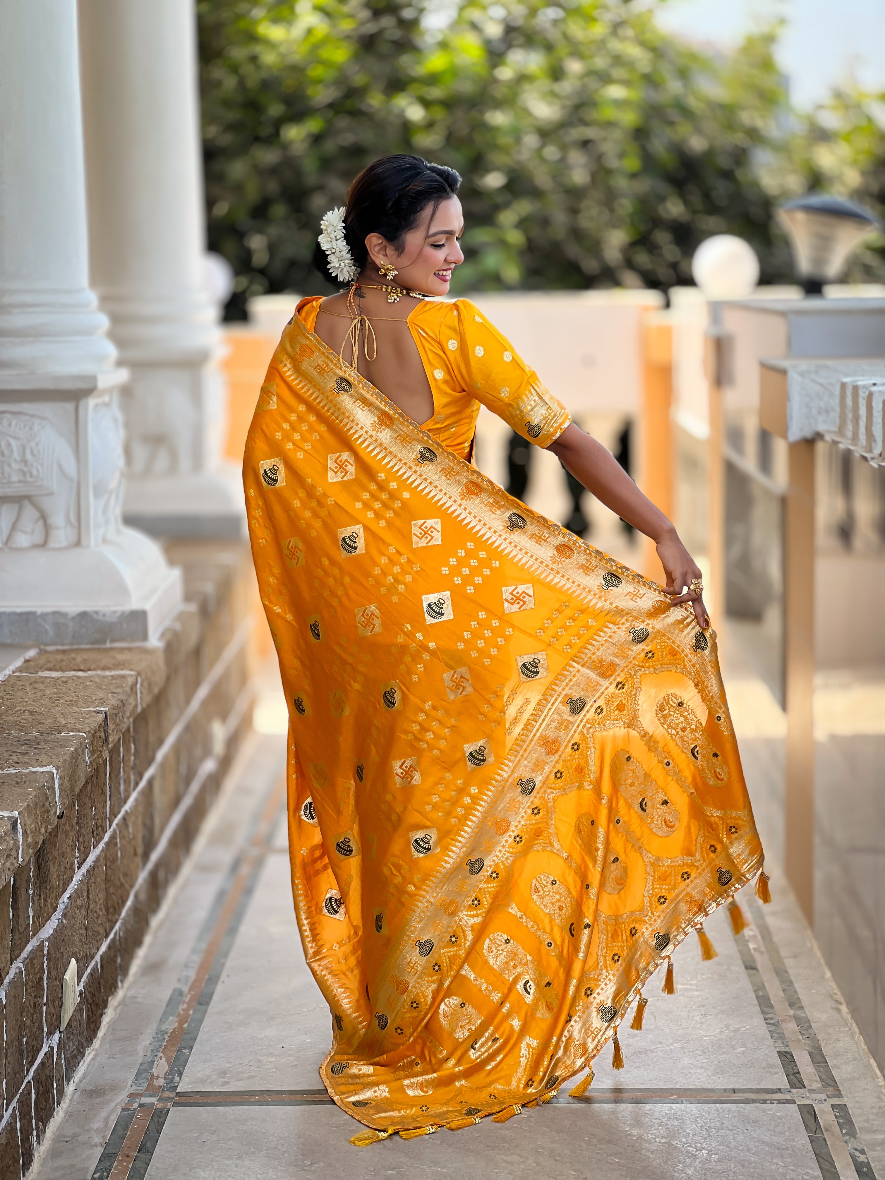 Yellow Swastik Dolla Silk Saree Heavy Meenakari Kalash Design