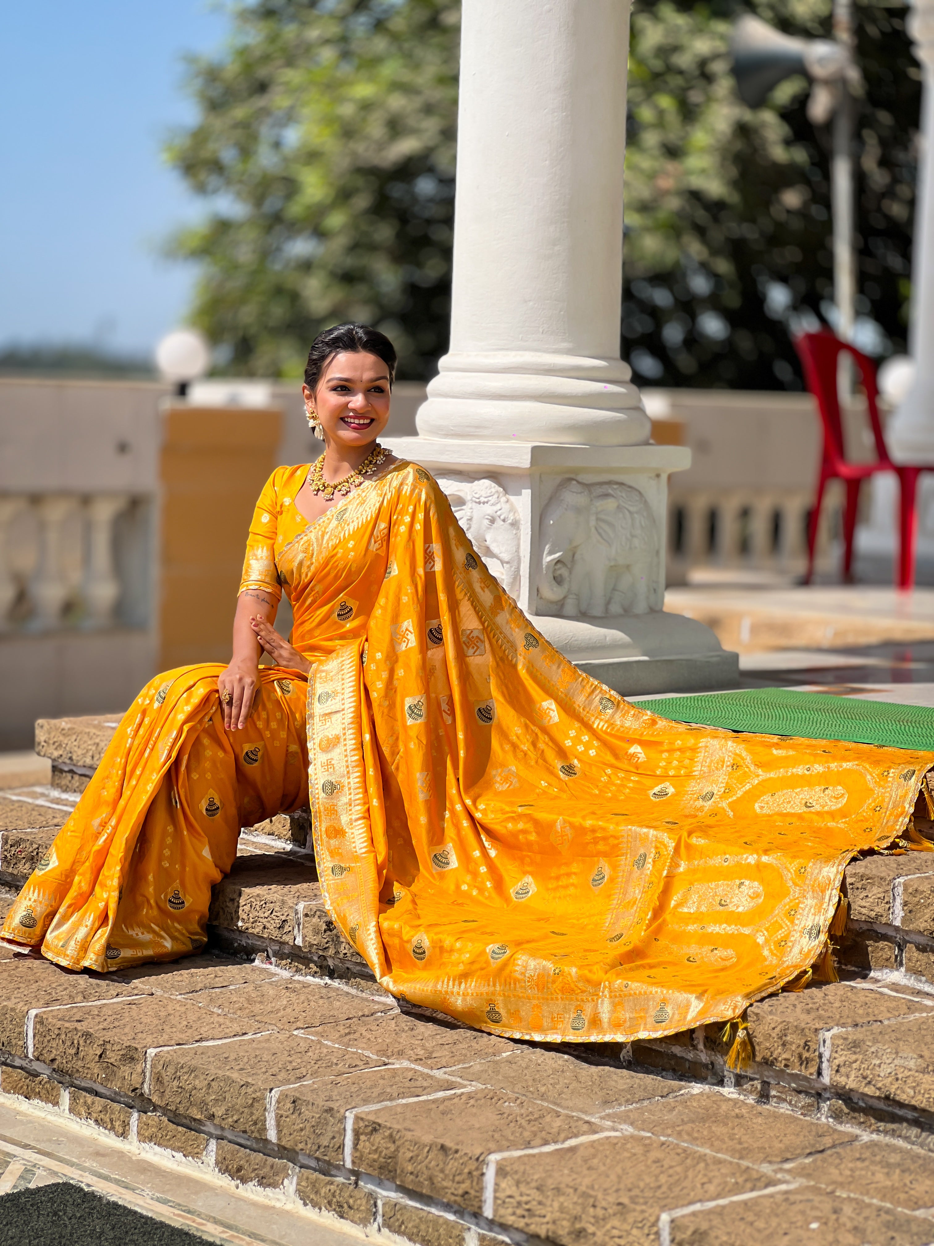 Yellow Swastik Dolla Silk Saree Heavy Meenakari Kalash Design