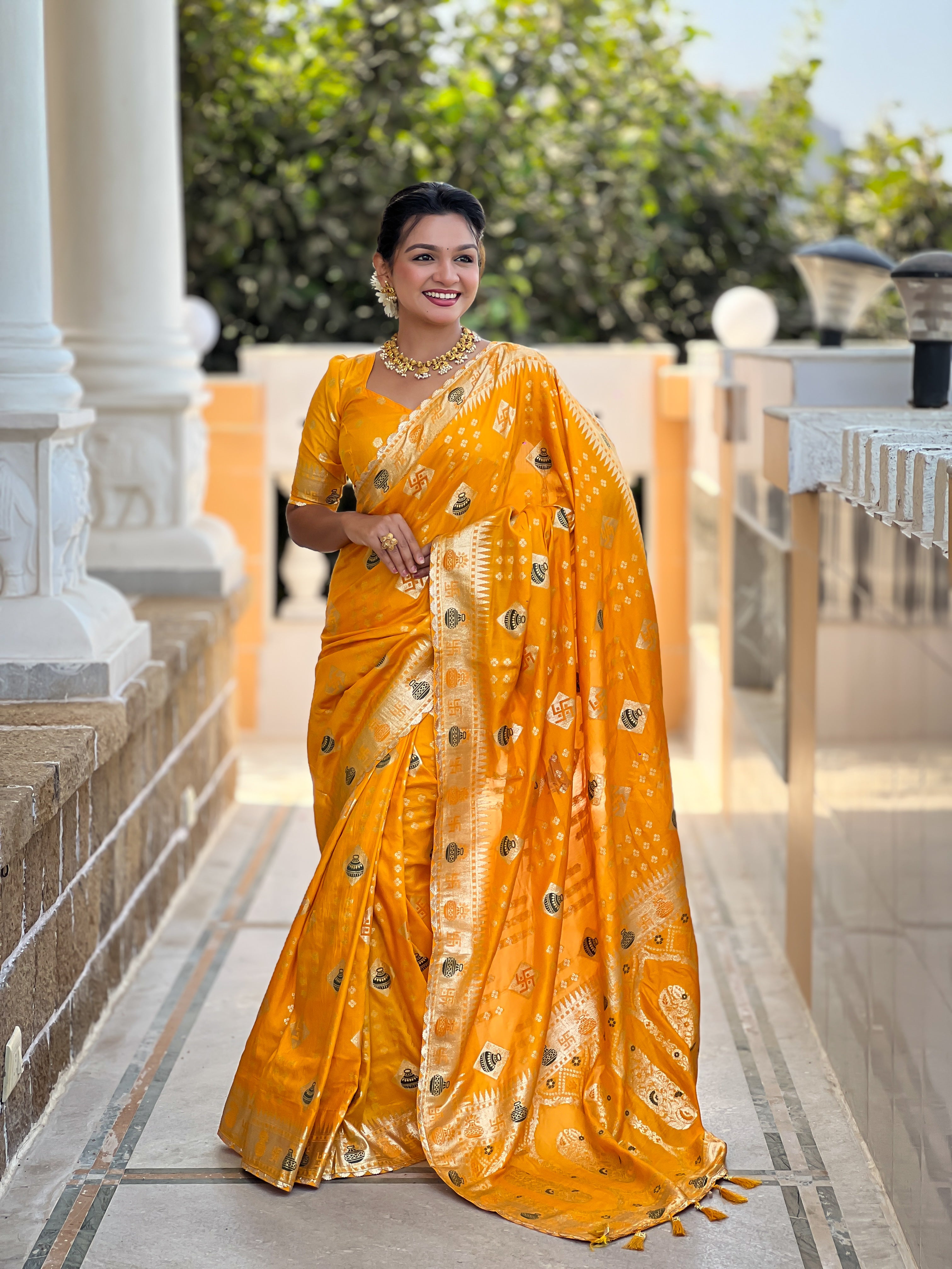 Yellow Swastik Dolla Silk Saree Heavy Meenakari Kalash Design