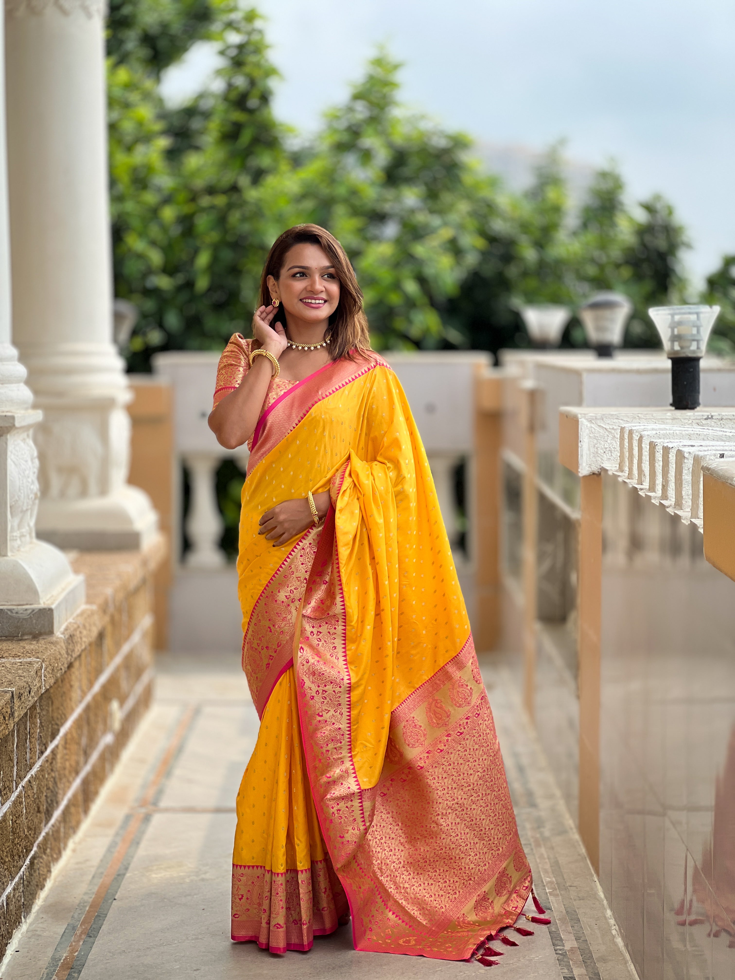 Yellow Woven Design Zari Banarasi Silk Saree