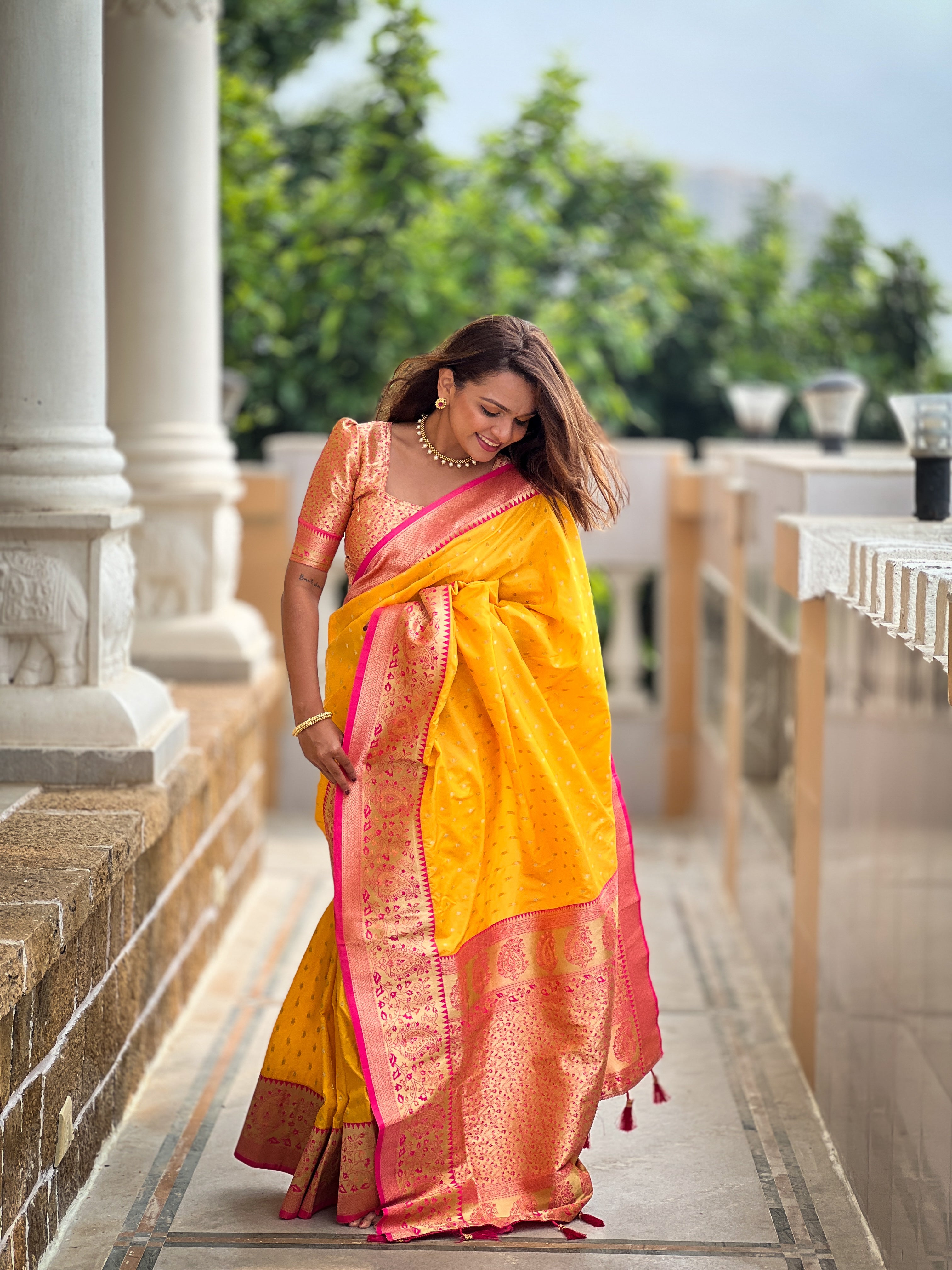 Yellow Woven Design Zari Banarasi Silk Saree