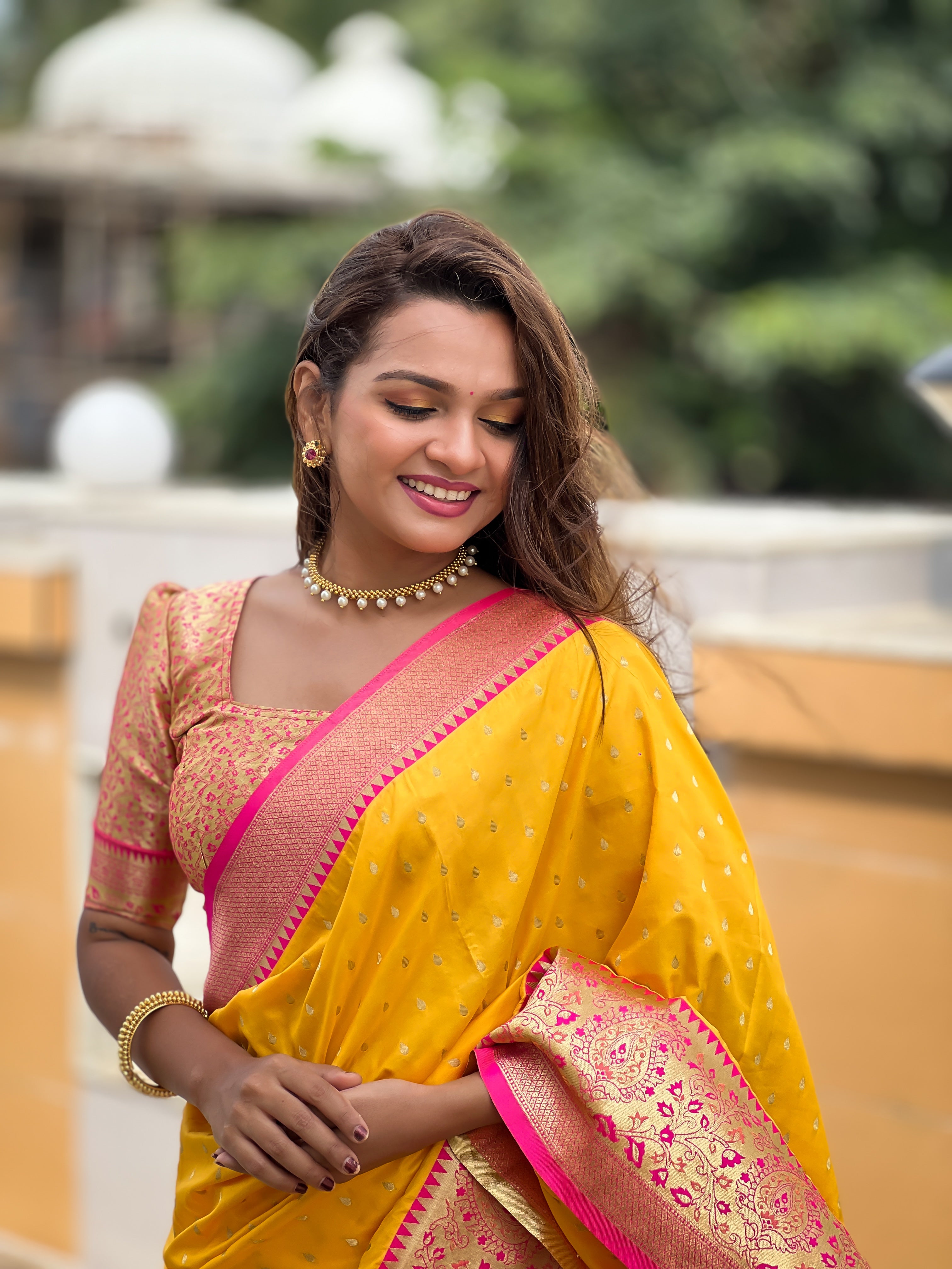 Yellow Woven Design Zari Banarasi Silk Saree