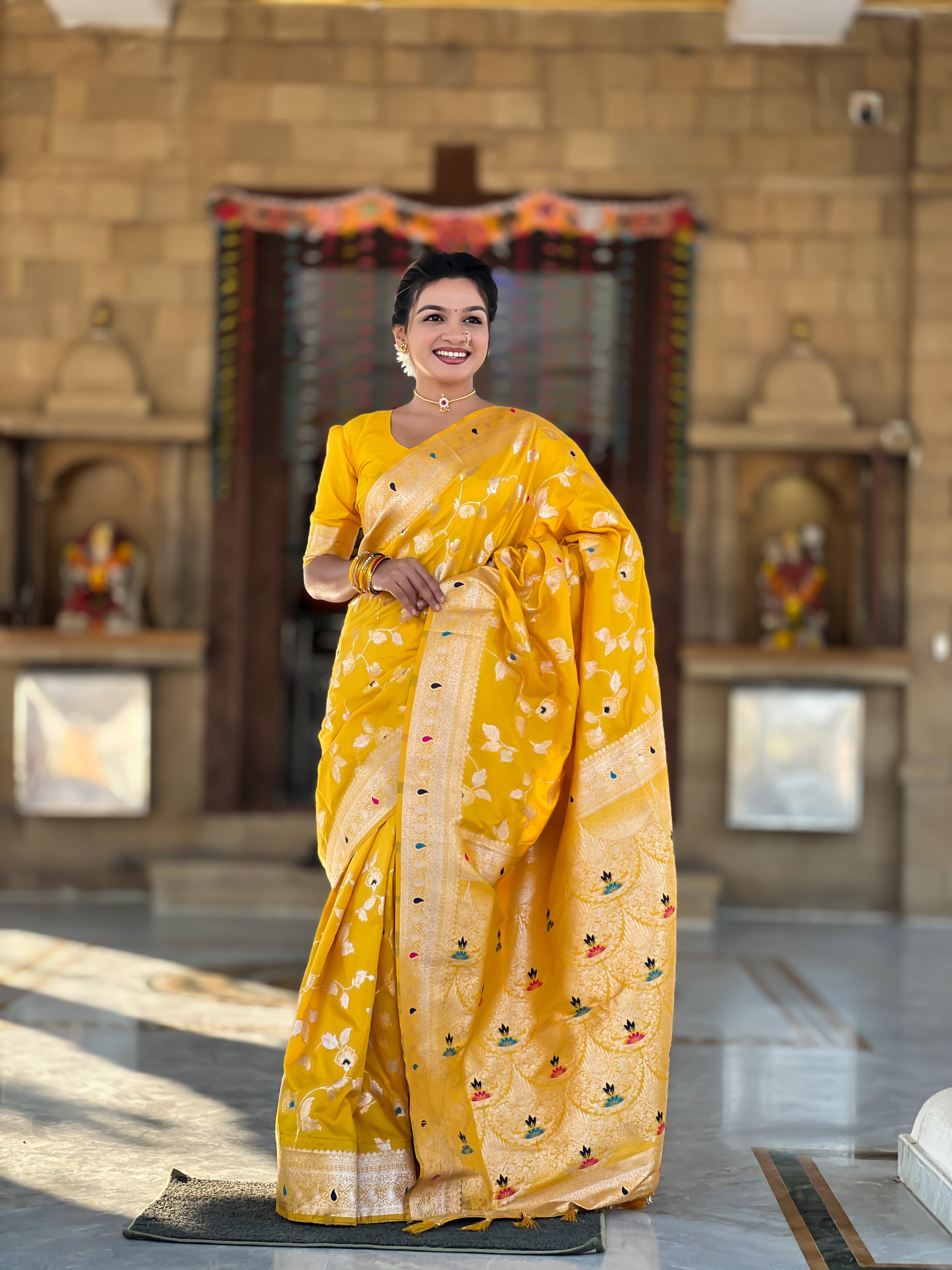 Yellow Zari Embroidered Banarasi Silk Saree