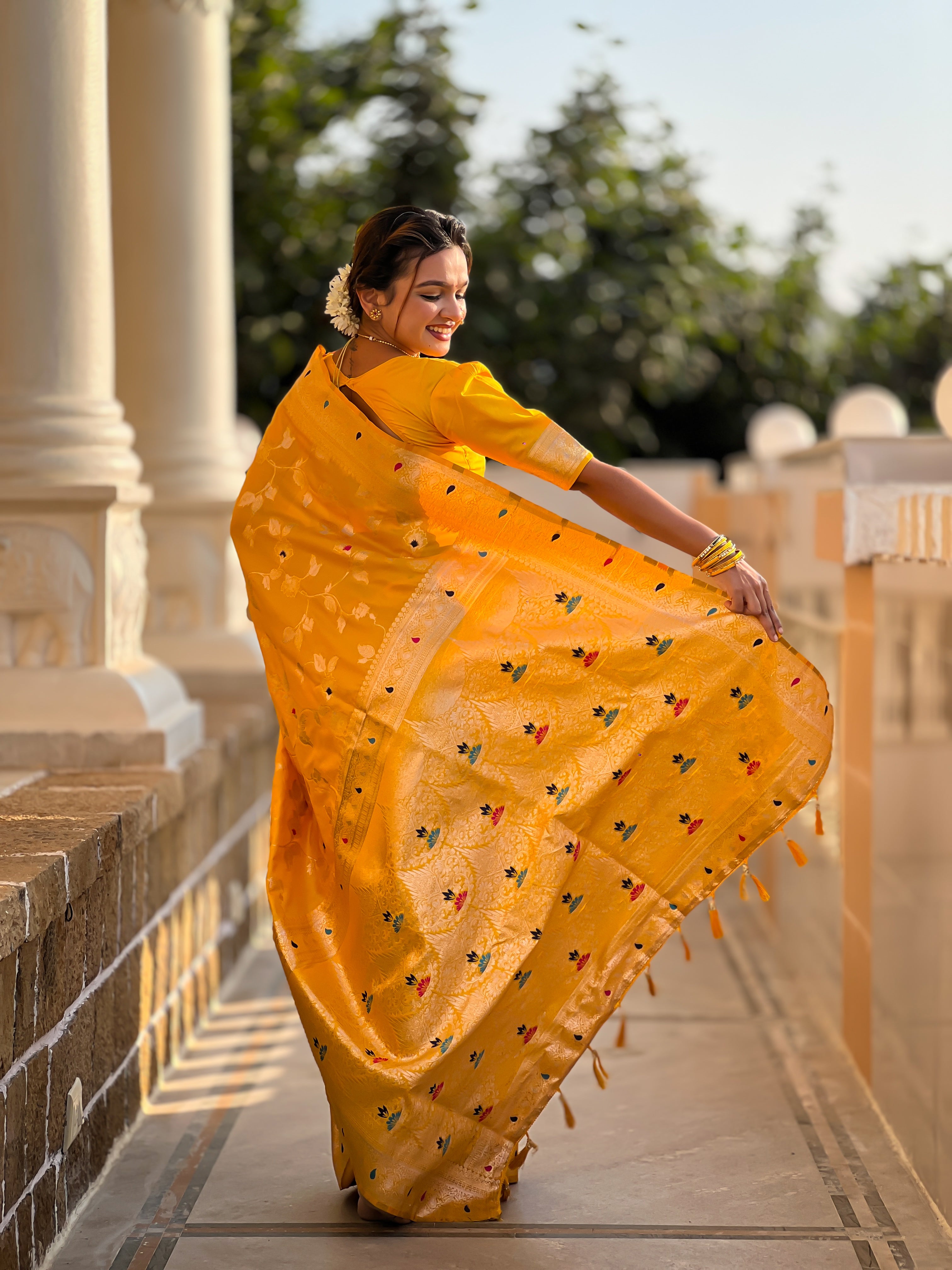 Yellow Zari Embroidered Banarasi Silk Saree
