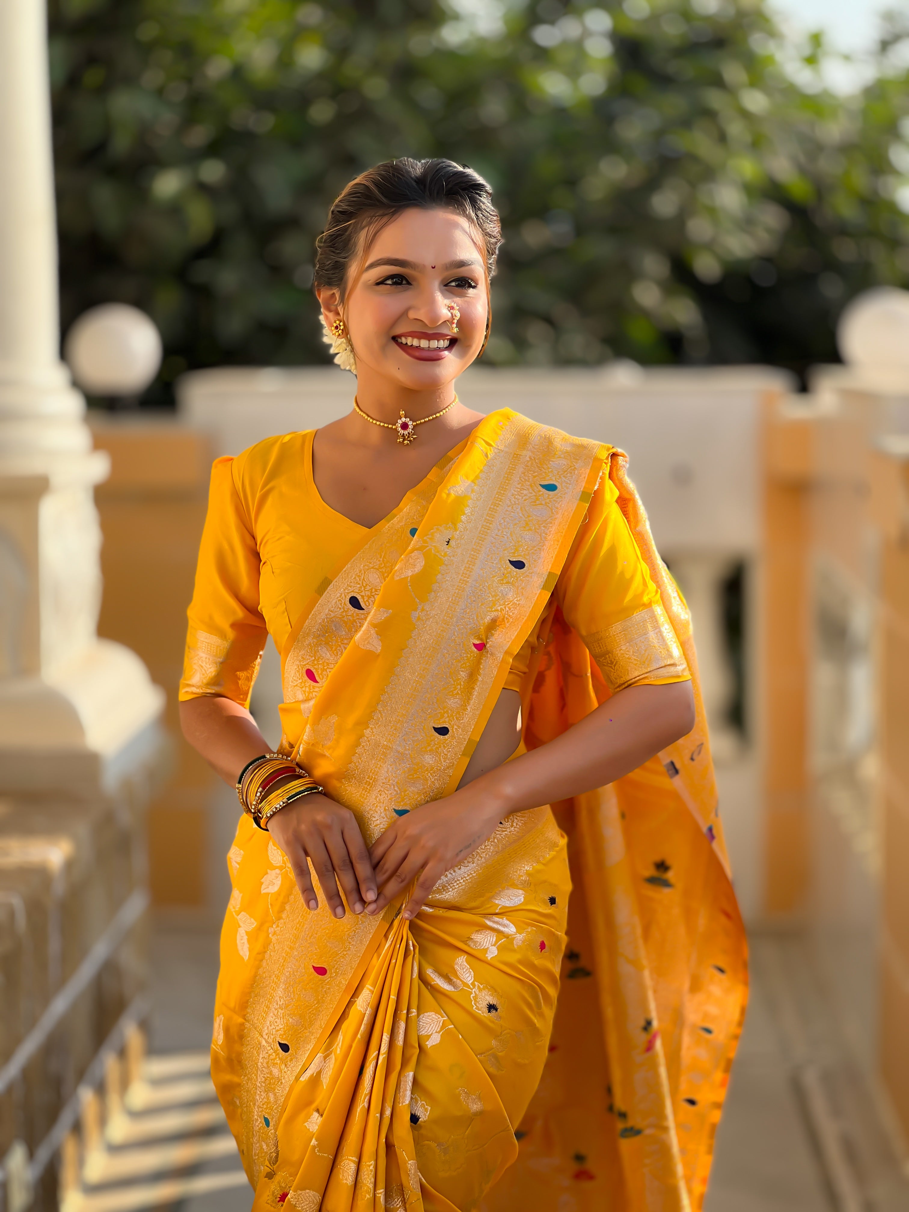 Yellow Zari Embroidered Banarasi Silk Saree