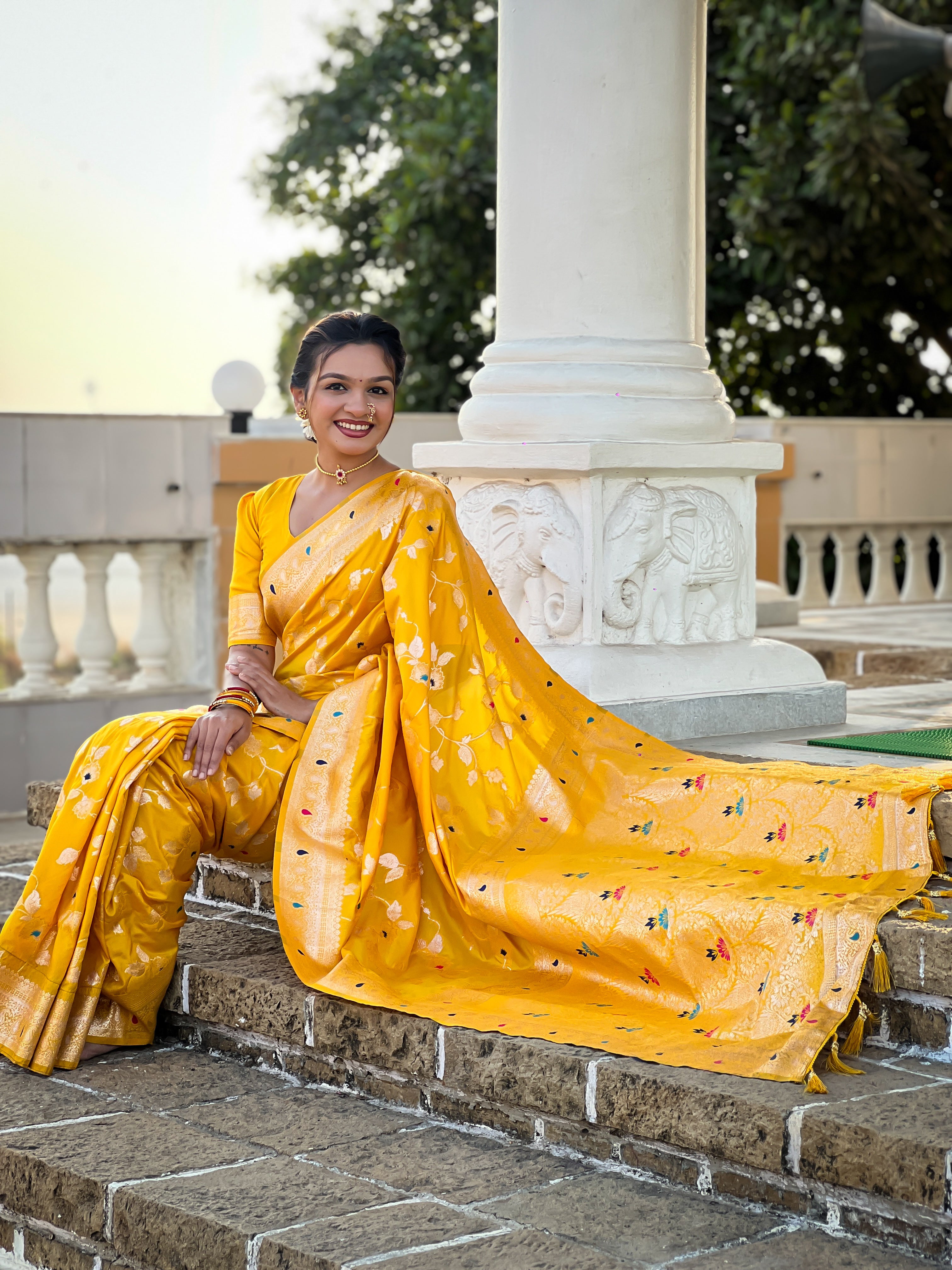 Yellow Zari Embroidered Banarasi Silk Saree