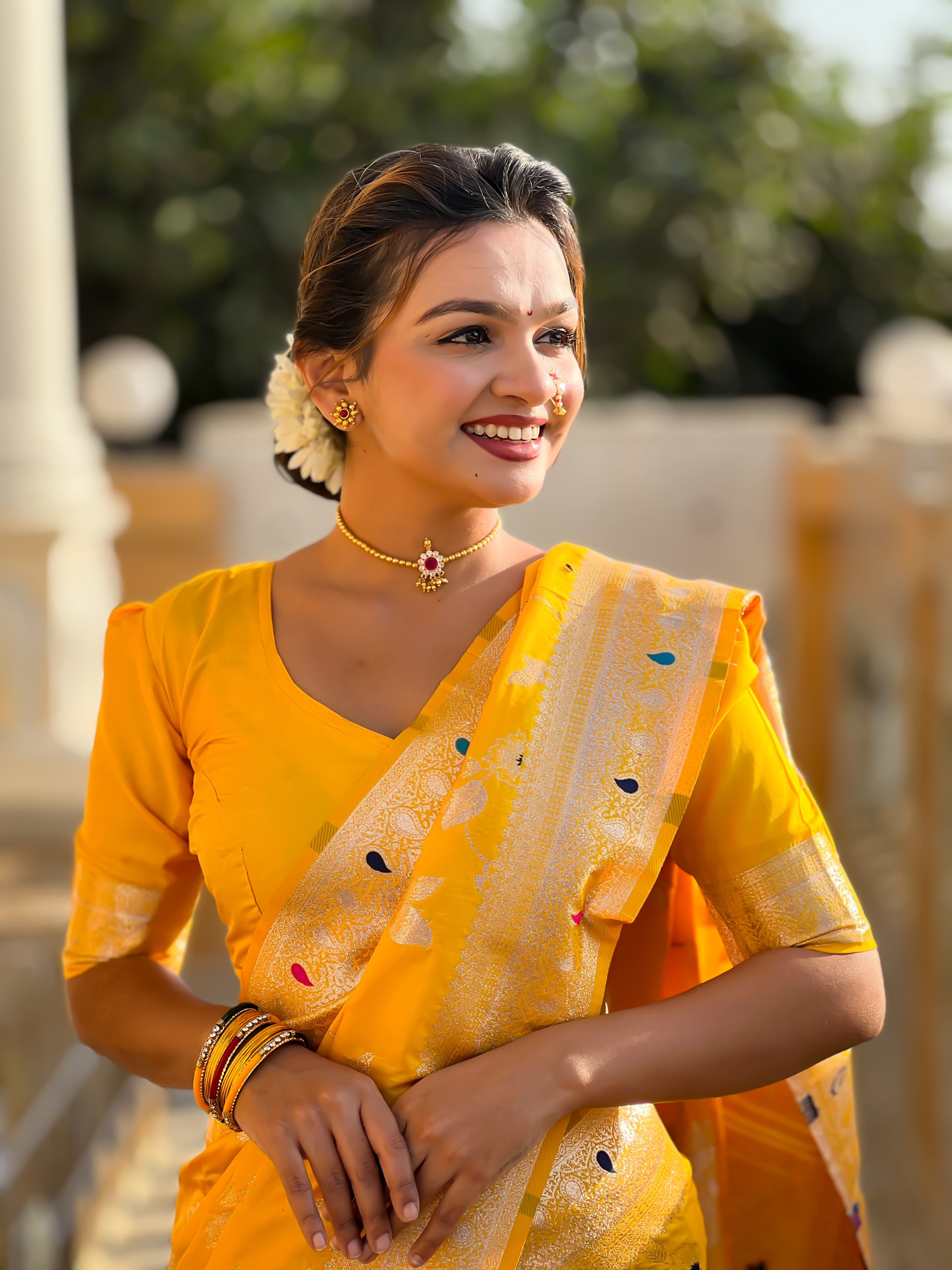 Yellow Zari Embroidered Banarasi Silk Saree