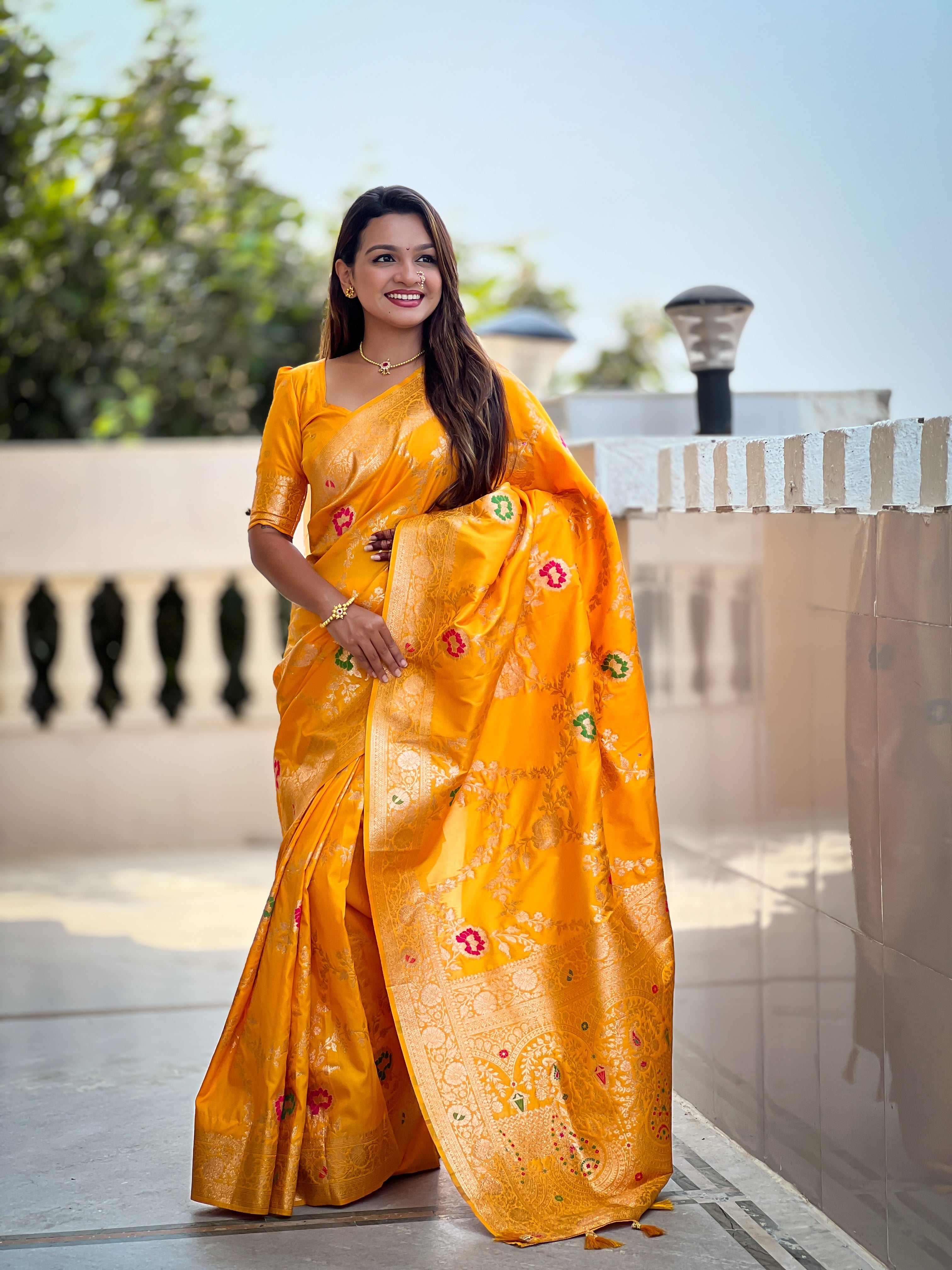 Yellow Soft Banarasi Silk Saree with Zari Weaving Meenakari Touchup Design
