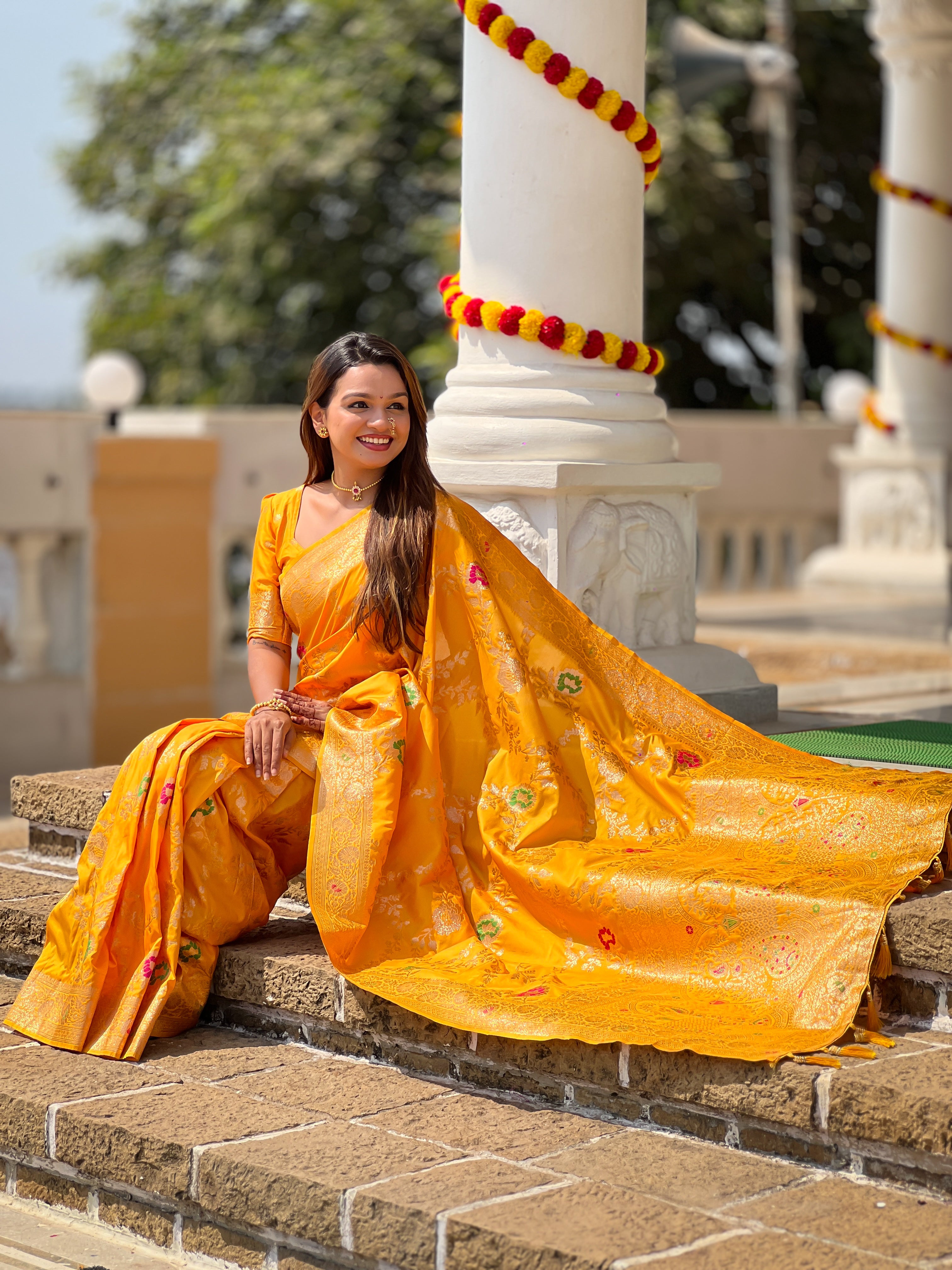 Yellow Soft Banarasi Silk Saree with Zari Weaving Meenakari Touchup Design