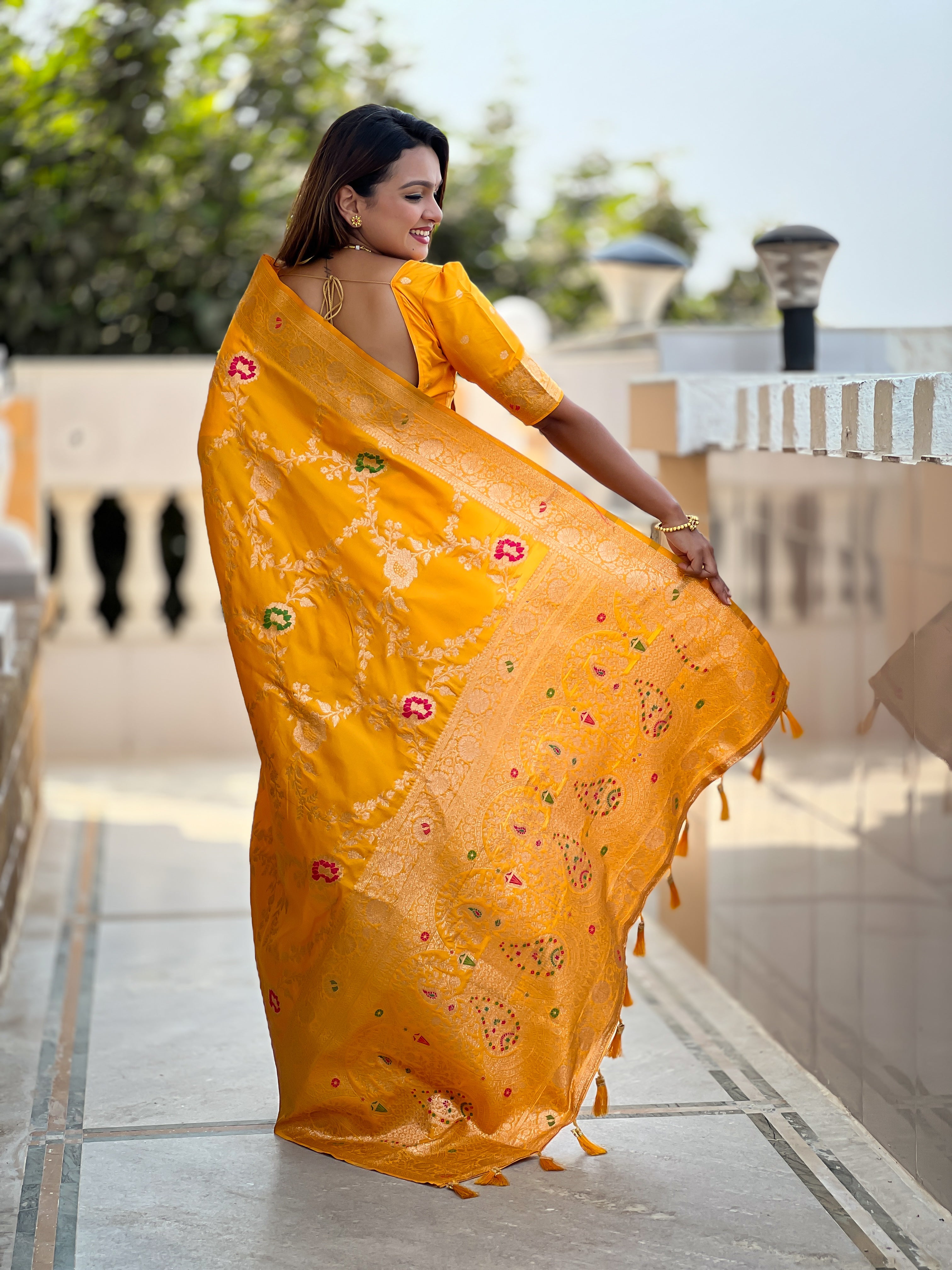 Yellow Soft Banarasi Silk Saree with Zari Weaving Meenakari Touchup Design