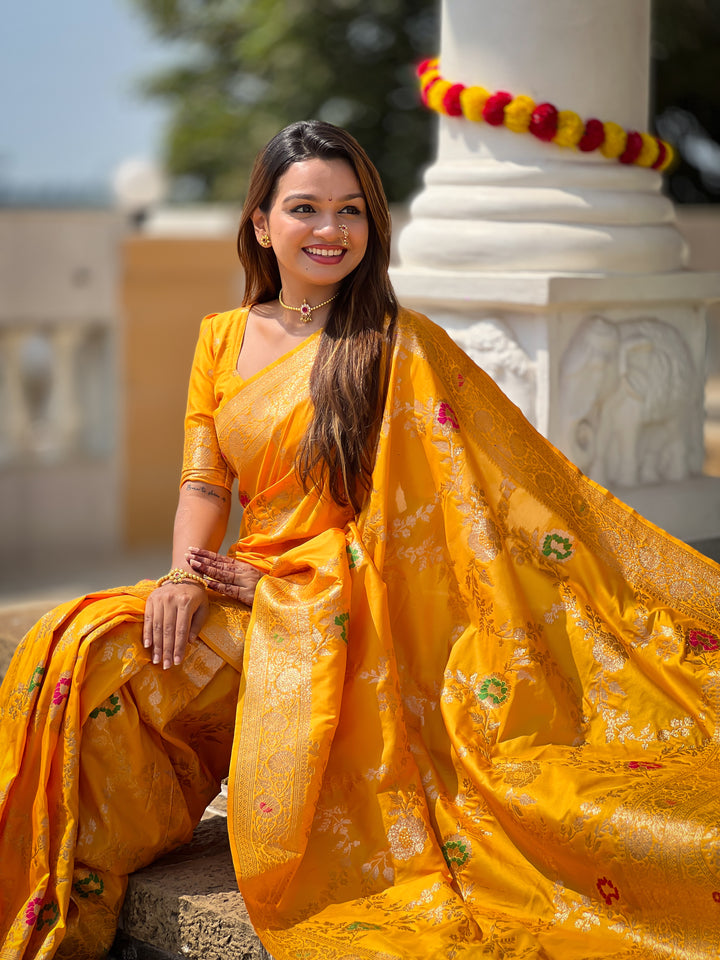 Yellow Soft Banarasi Silk Saree with Zari Weaving Meenakari Touchup Design