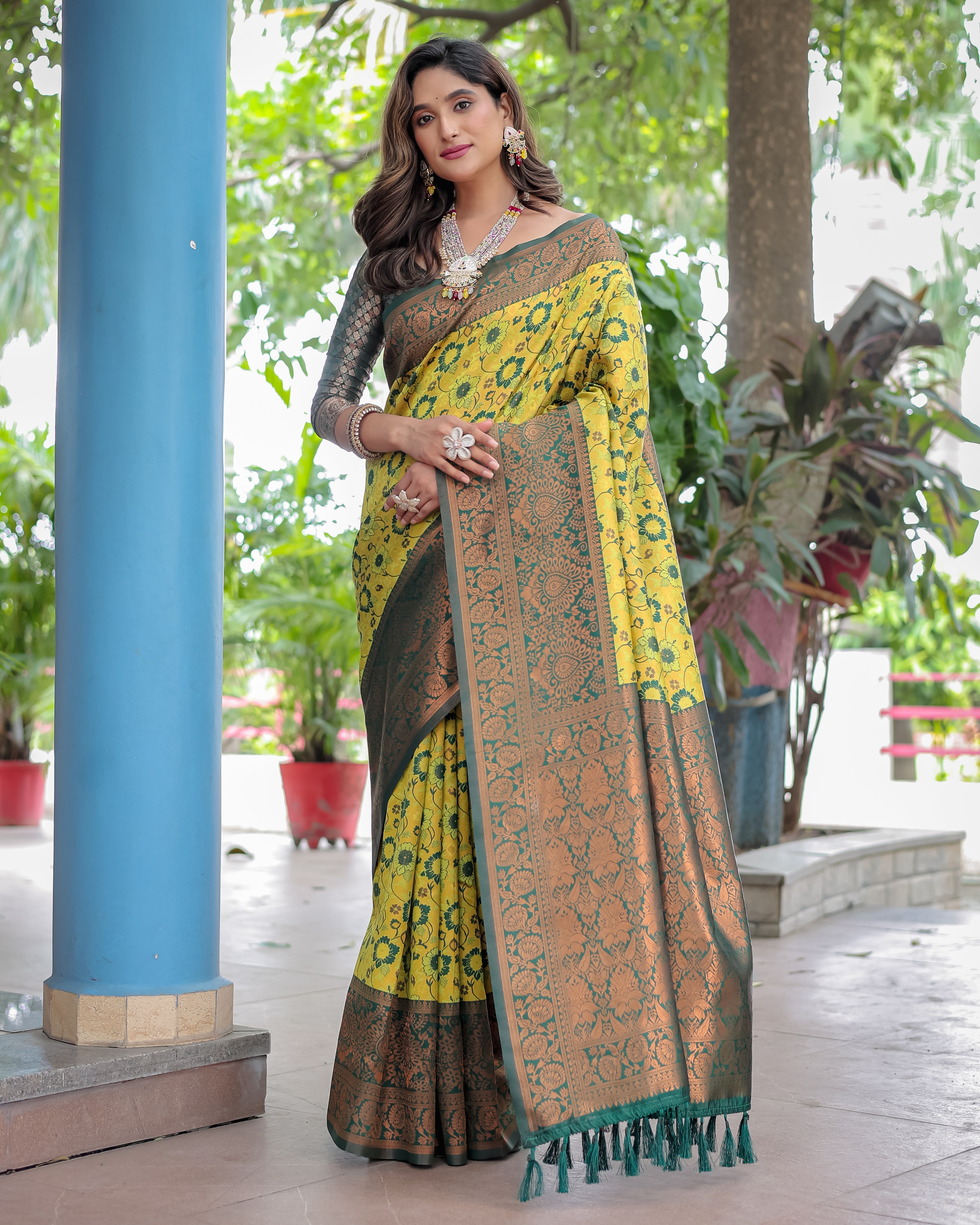 Yellow and Green Designer Tassels Banarsi Silk Saree