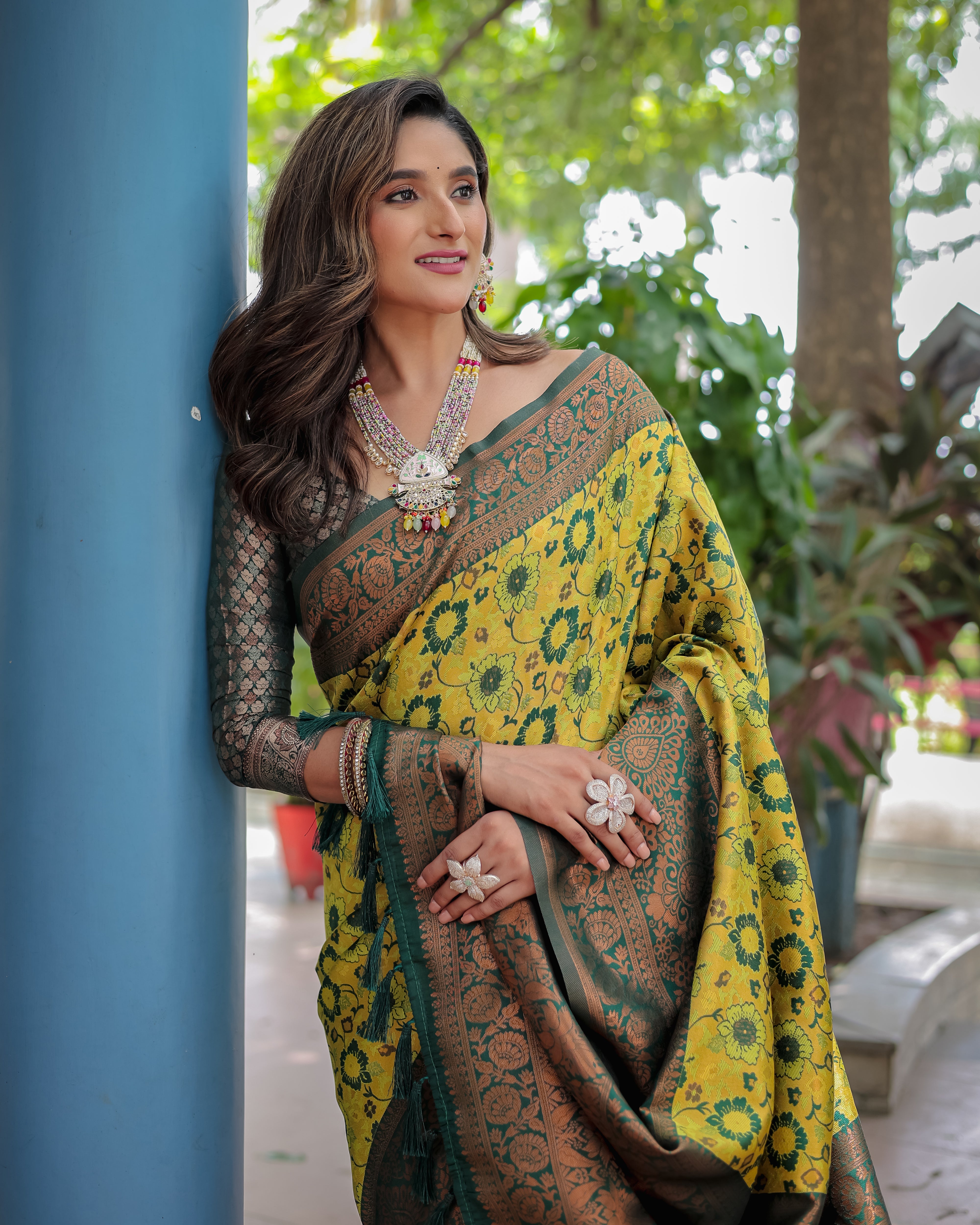 Yellow and Green Designer Tassels Banarsi Silk Saree