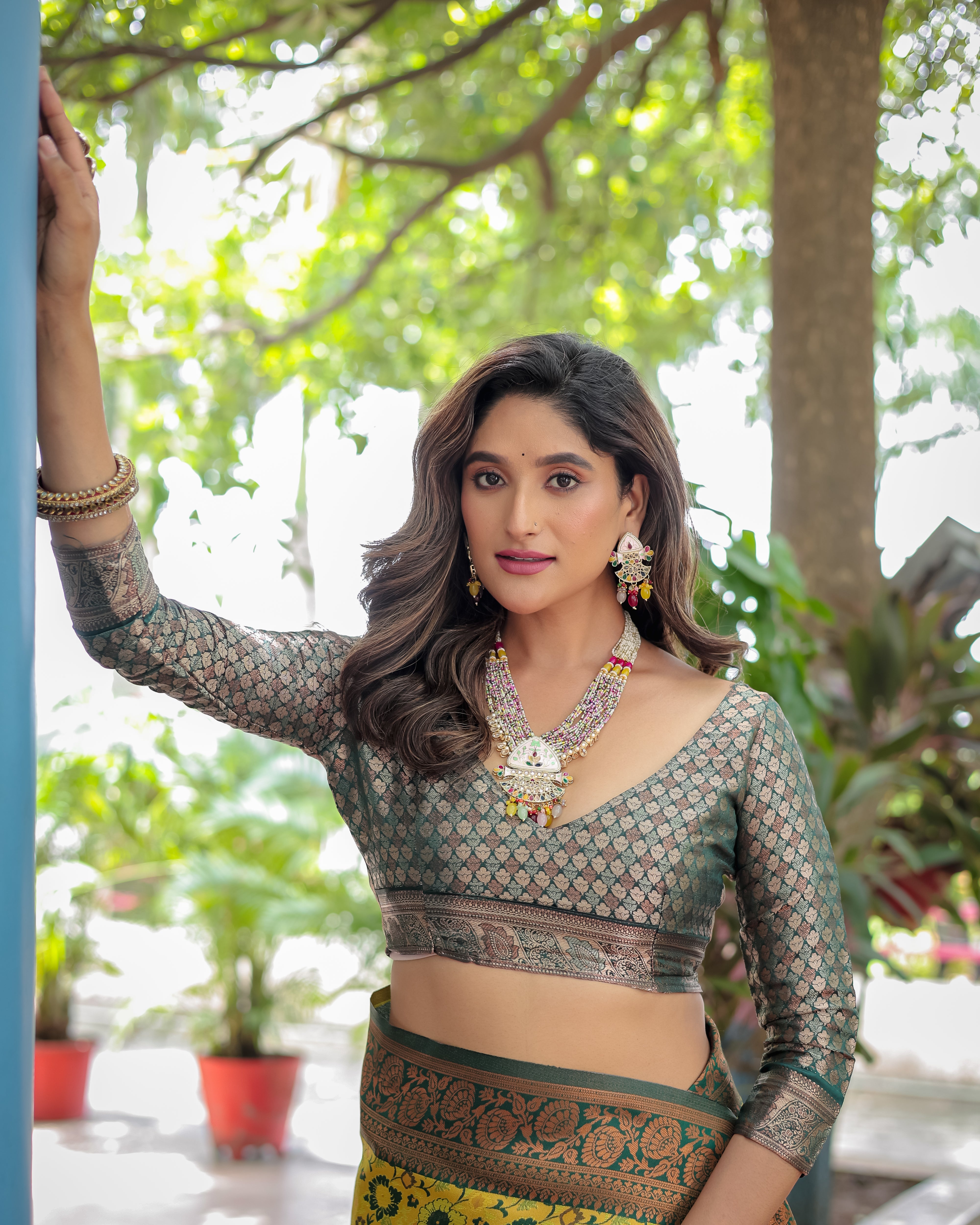 Yellow and Green Designer Tassels Banarsi Silk Saree