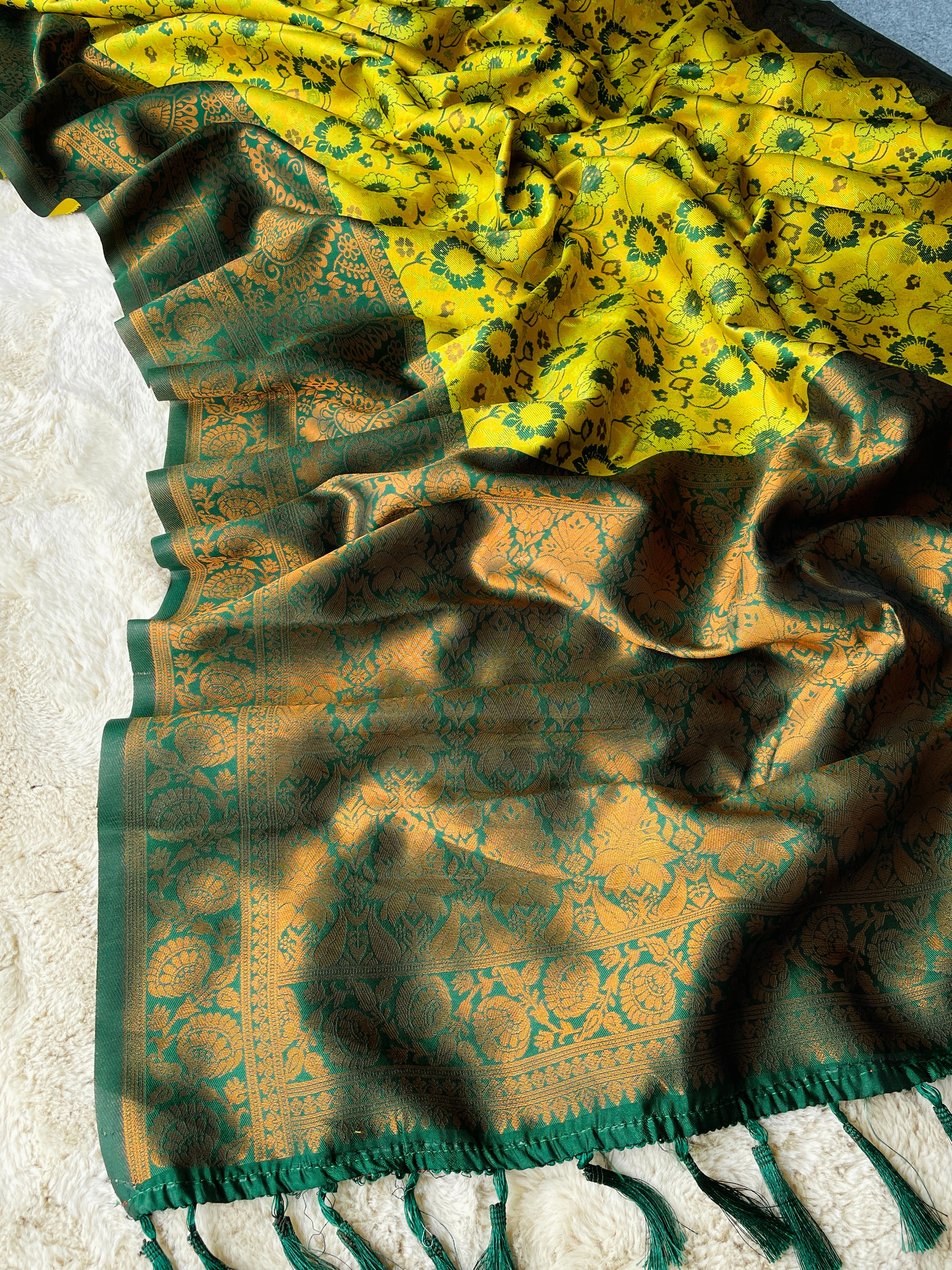 Yellow and Green Designer Tassels Banarsi Silk Saree