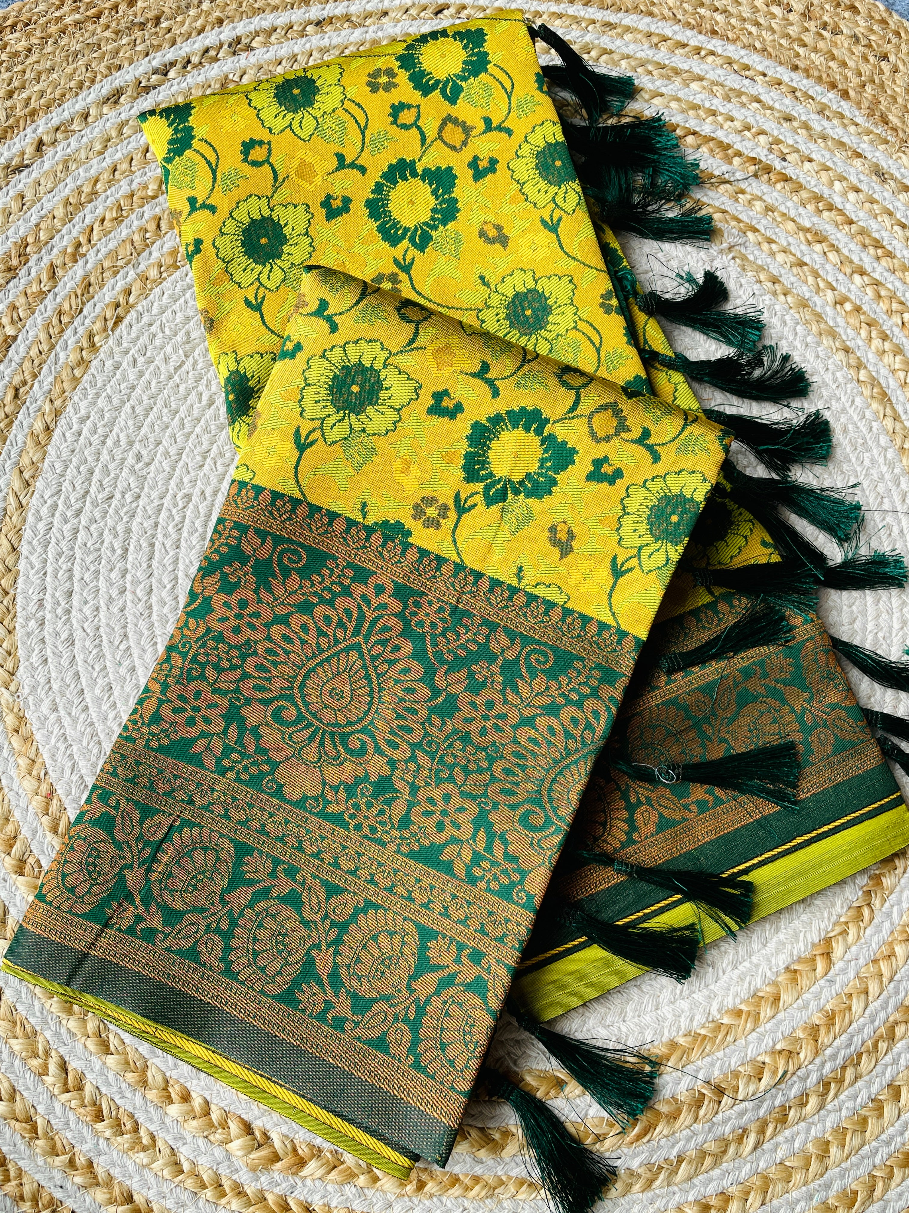 Yellow and Green Designer Tassels Banarsi Silk Saree