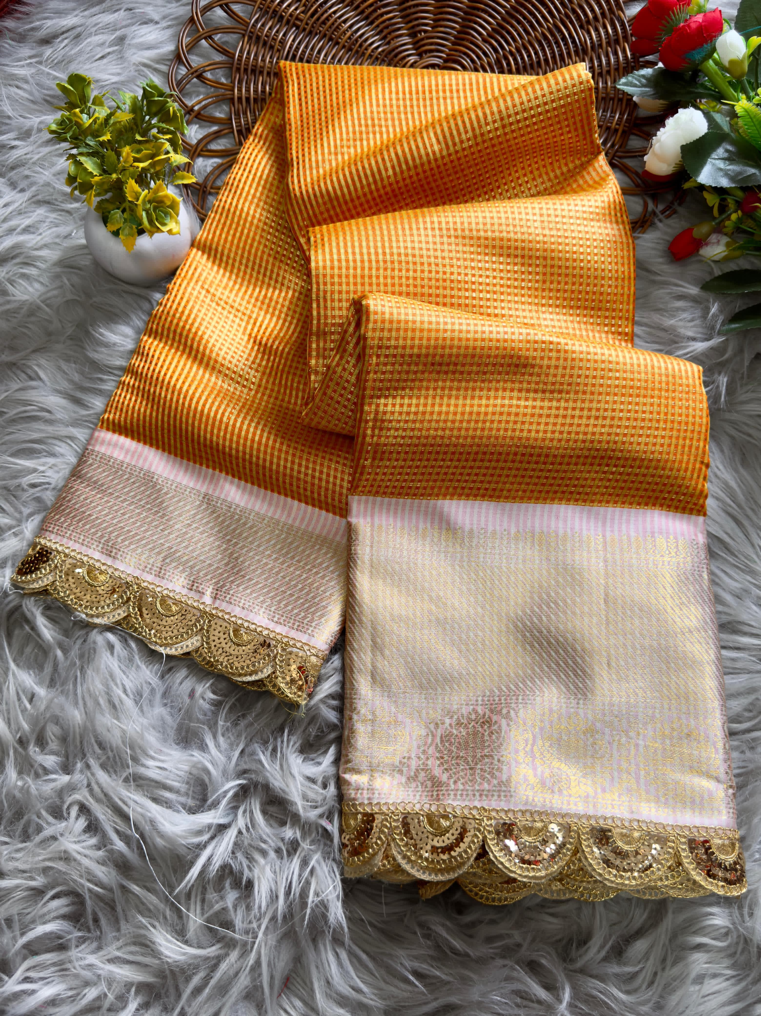 Brownish Orange Soft Banarsi Handloom Soft Tissue Silk Saree