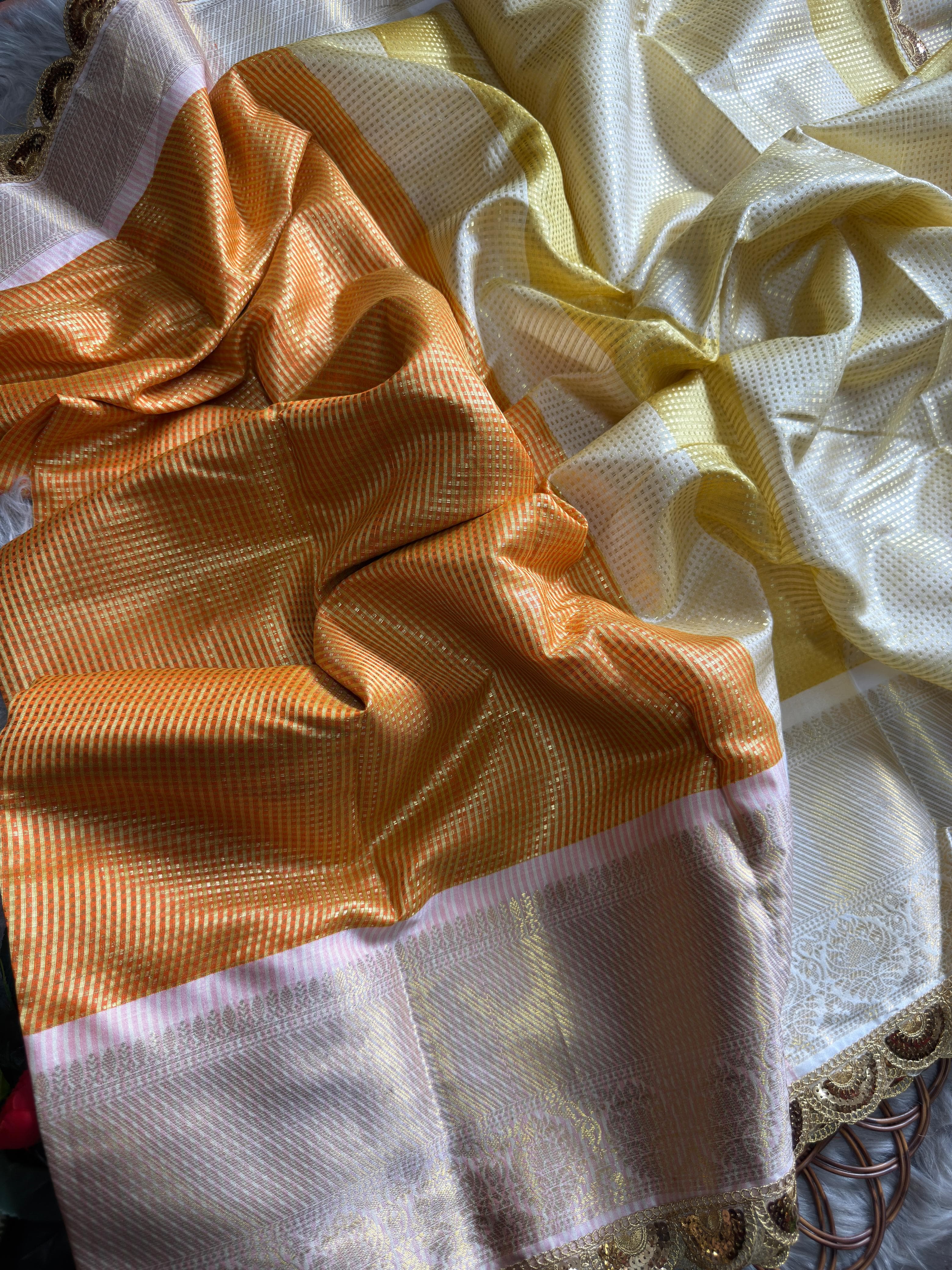 Brownish Orange Soft Banarsi Handloom Soft Tissue Silk Saree
