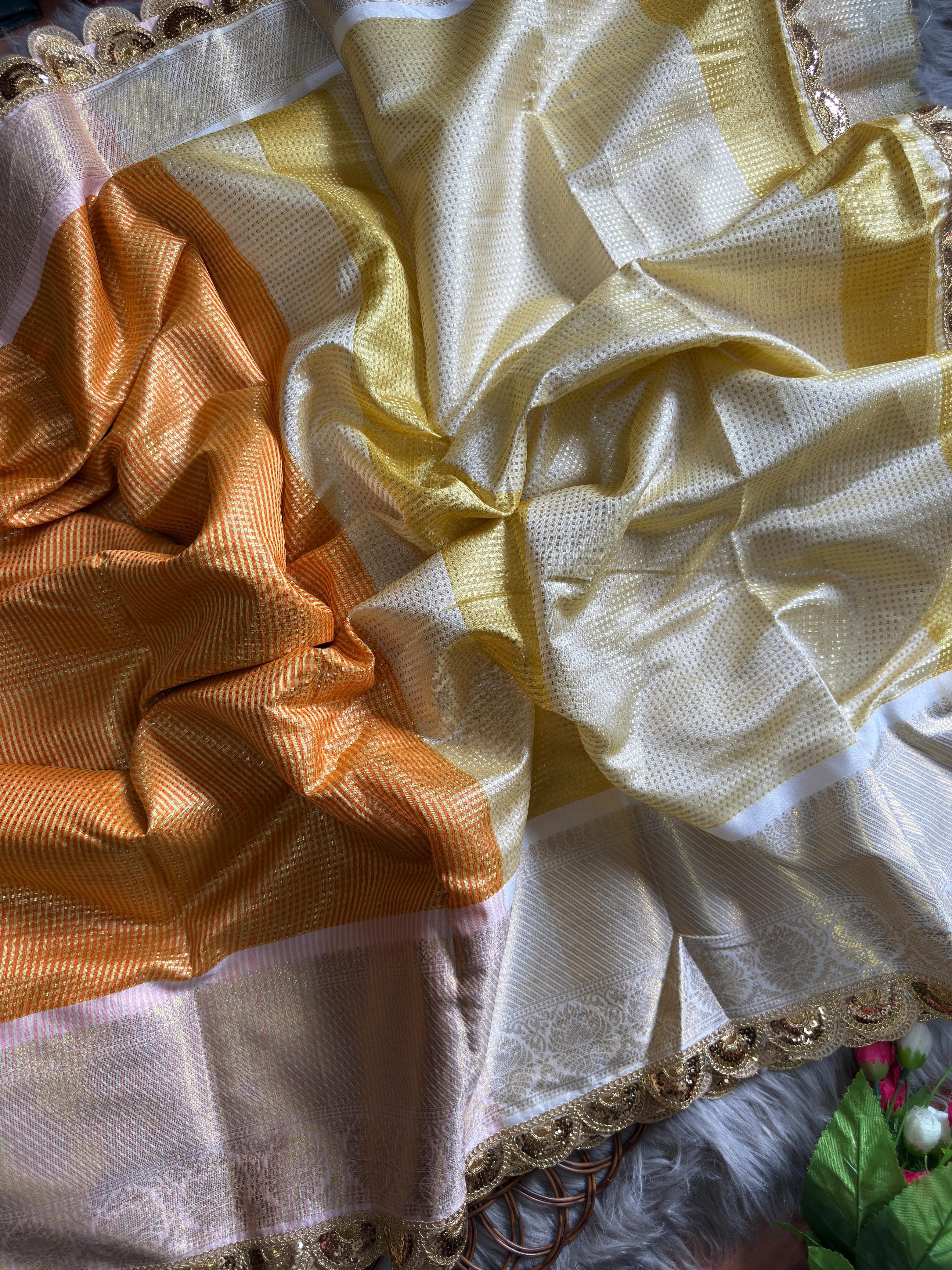 Brownish Orange Soft Banarsi Handloom Soft Tissue Silk Saree