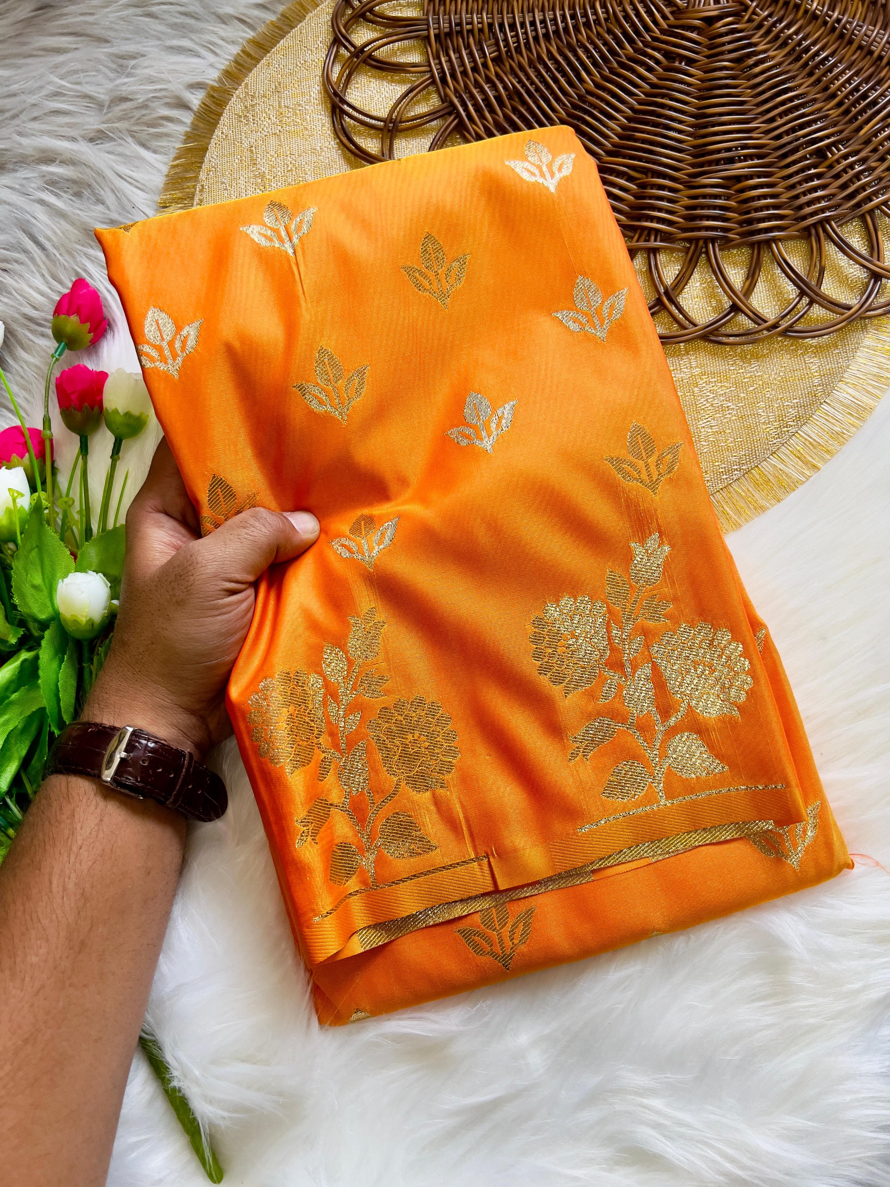 Carrot Orange Soft Banarsi Katan Silk Saree