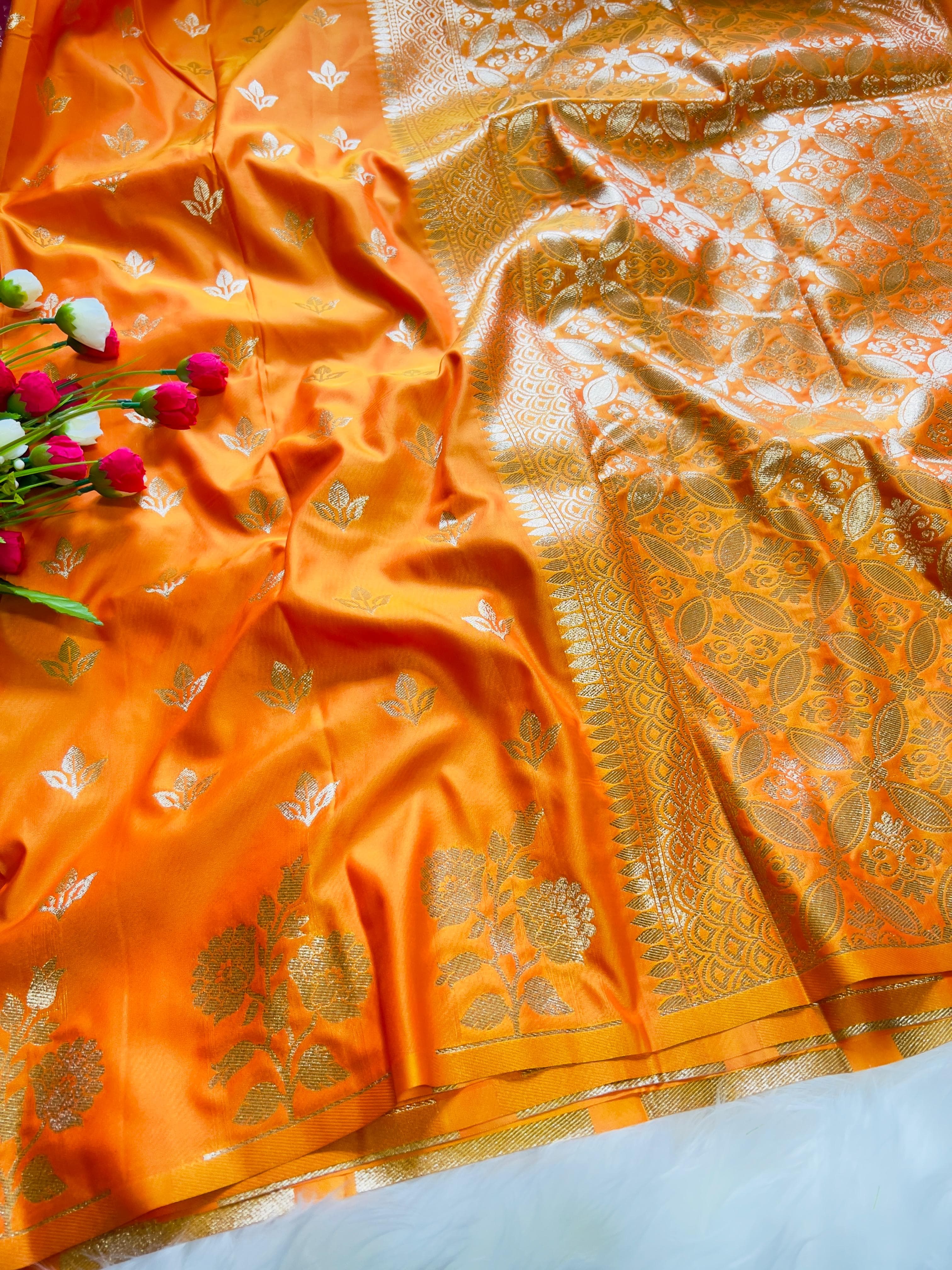 Carrot Orange Soft Banarsi Katan Silk Saree
