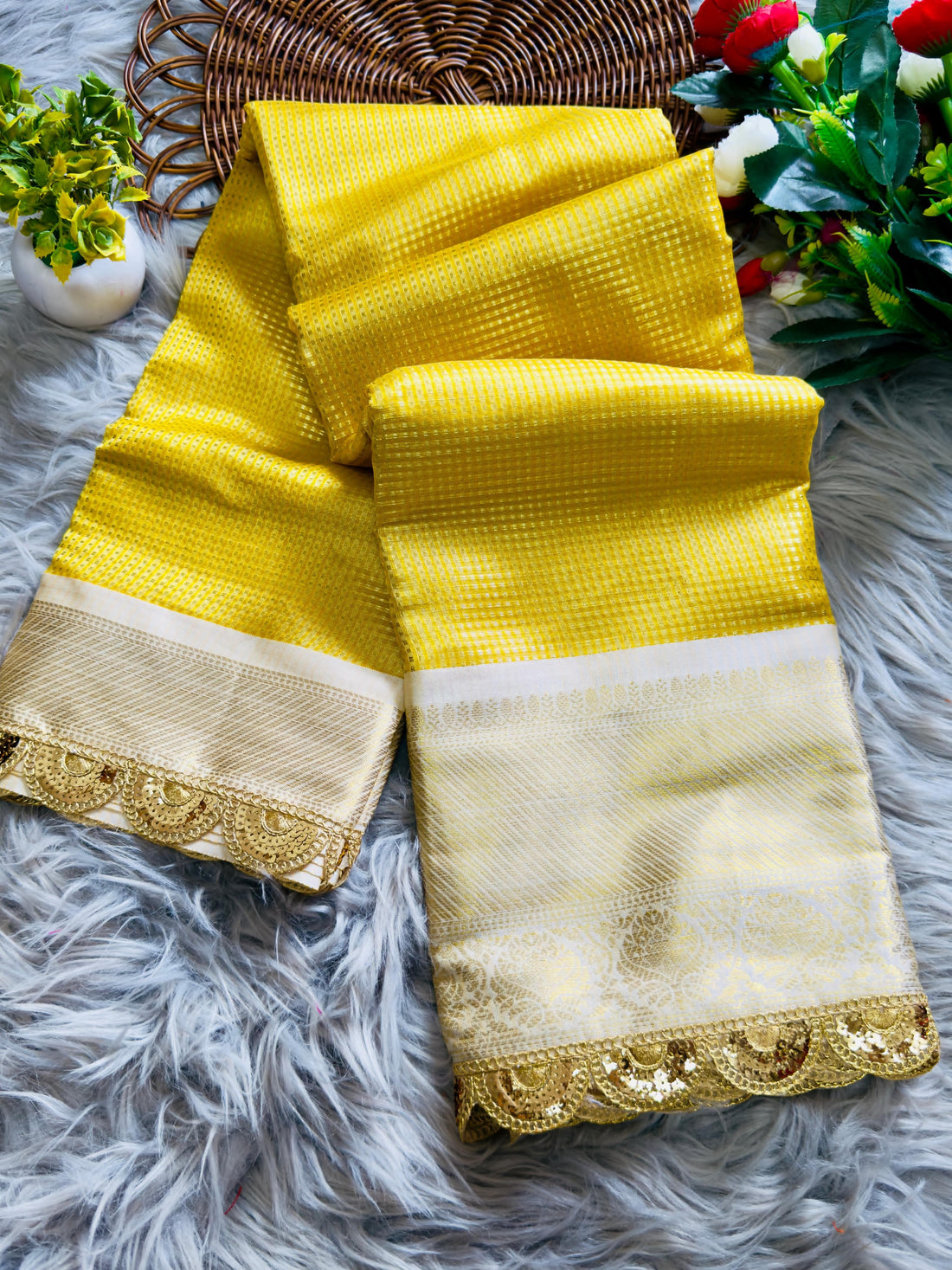 Dull Yellow Soft Banarsi Handloom Soft Tissue Silk Saree