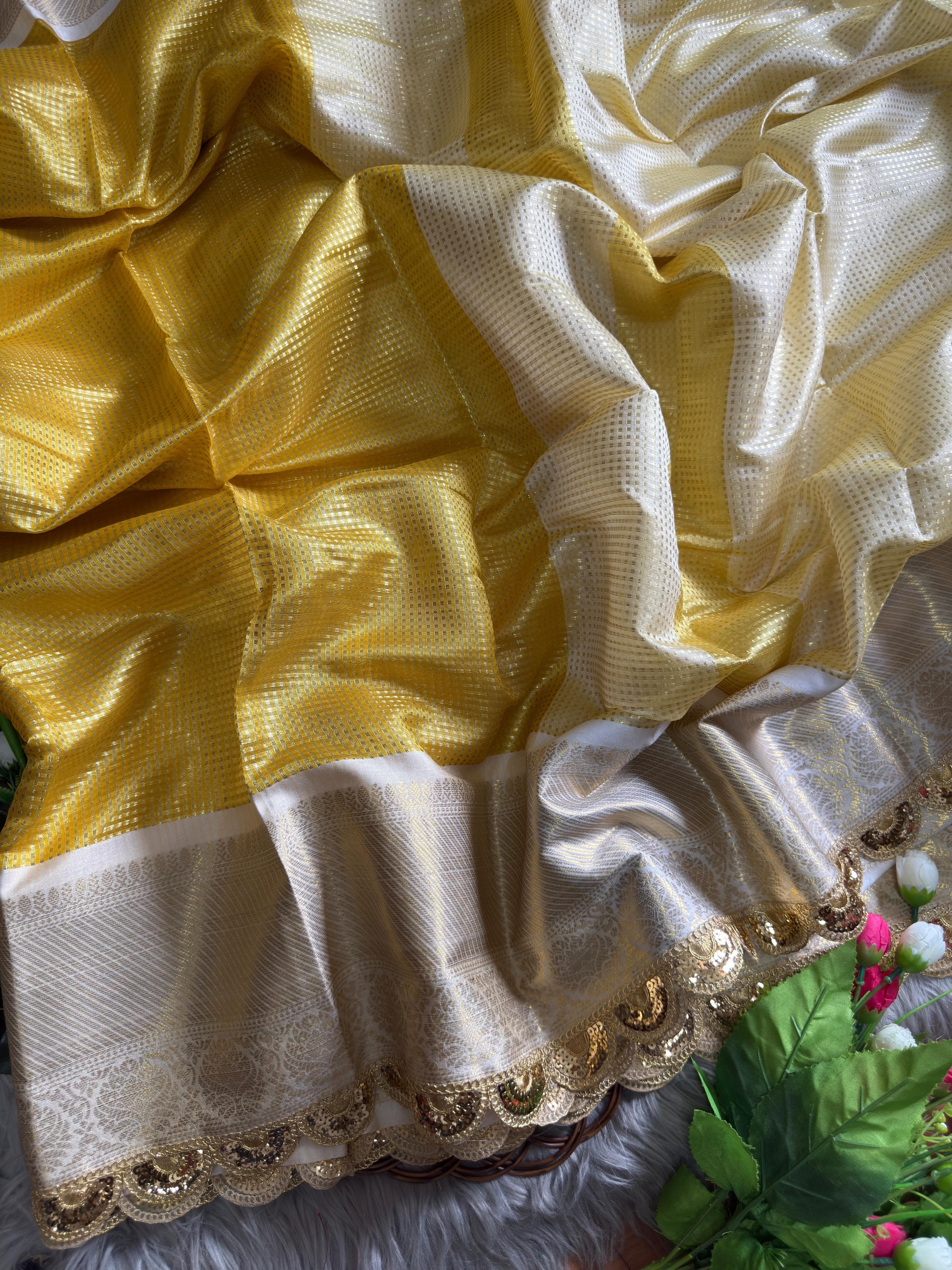 Dull Yellow Soft Banarsi Handloom Soft Tissue Silk Saree