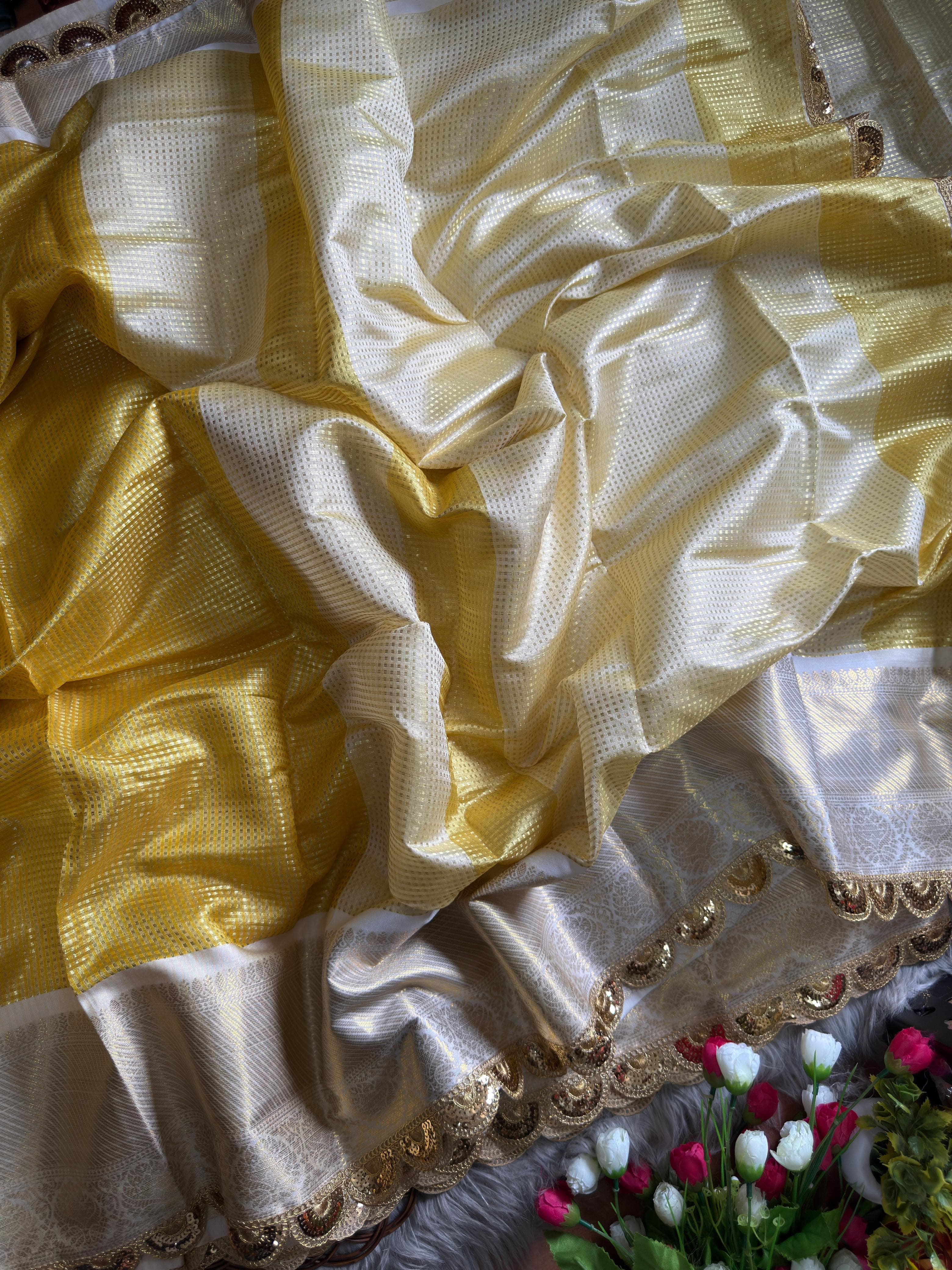 Dull Yellow Soft Banarsi Handloom Soft Tissue Silk Saree