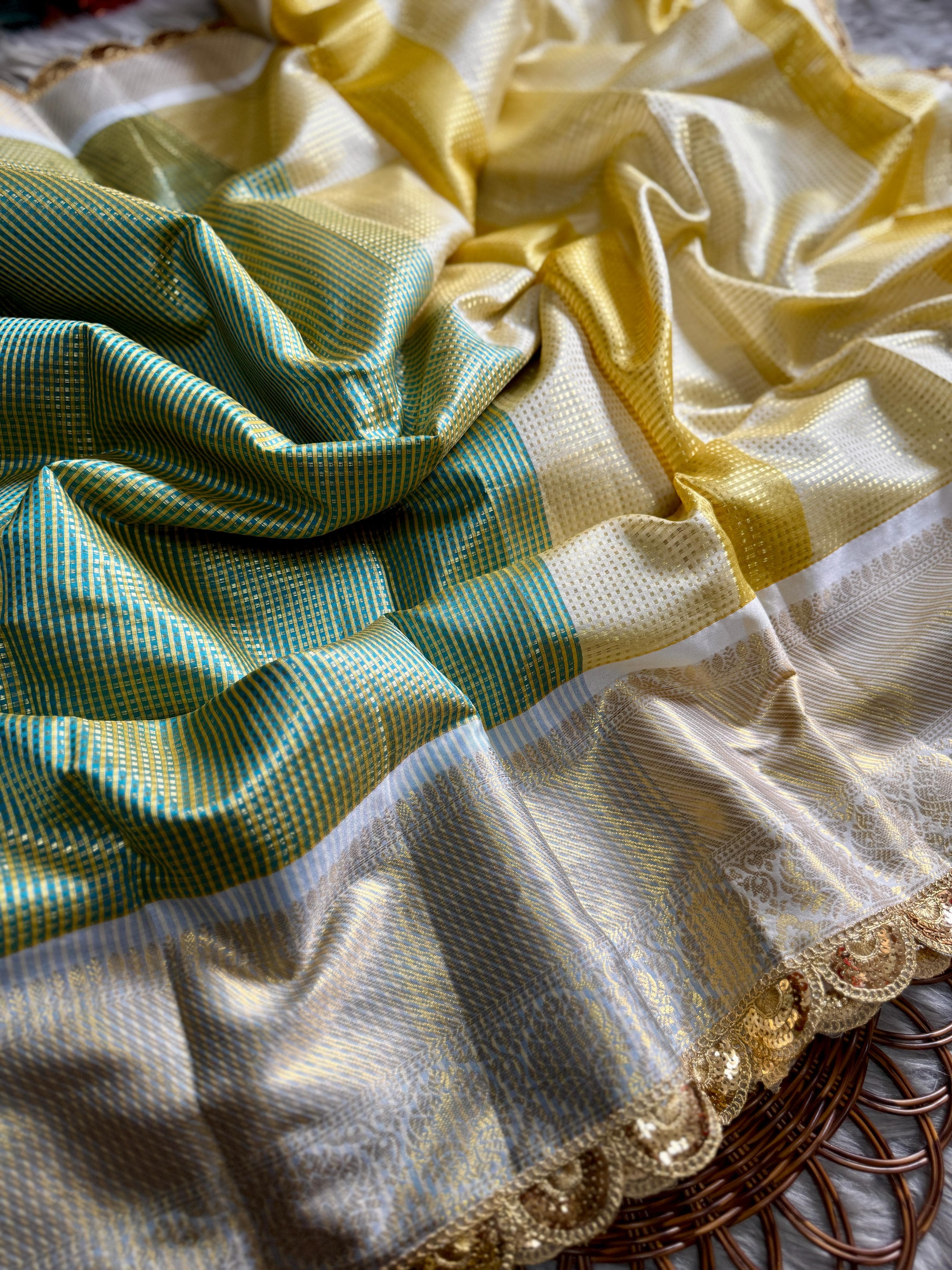 Grey Teal Soft Banarsi Handloom Soft Tissue Silk Saree