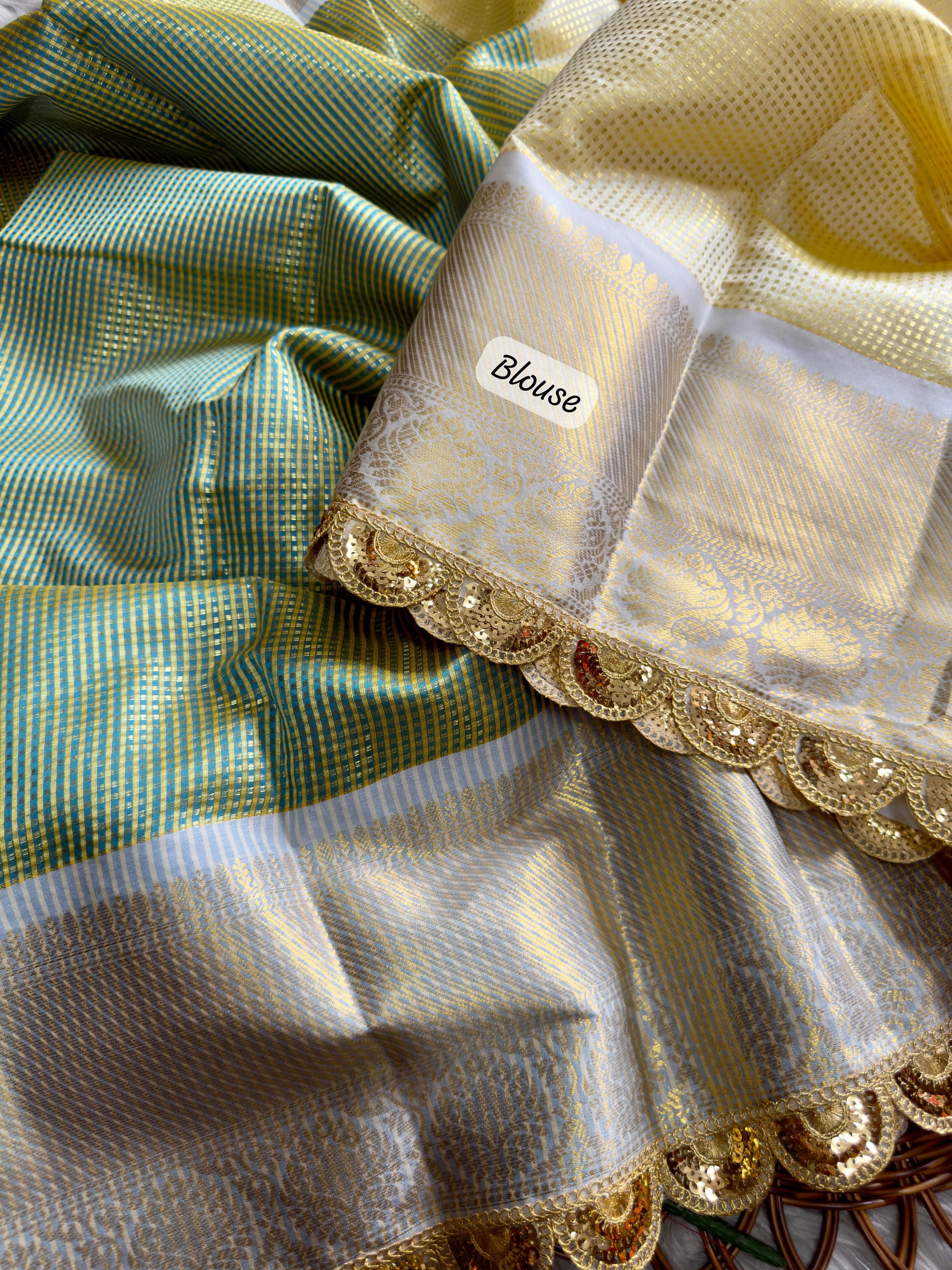 Grey Teal Soft Banarsi Handloom Soft Tissue Silk Saree
