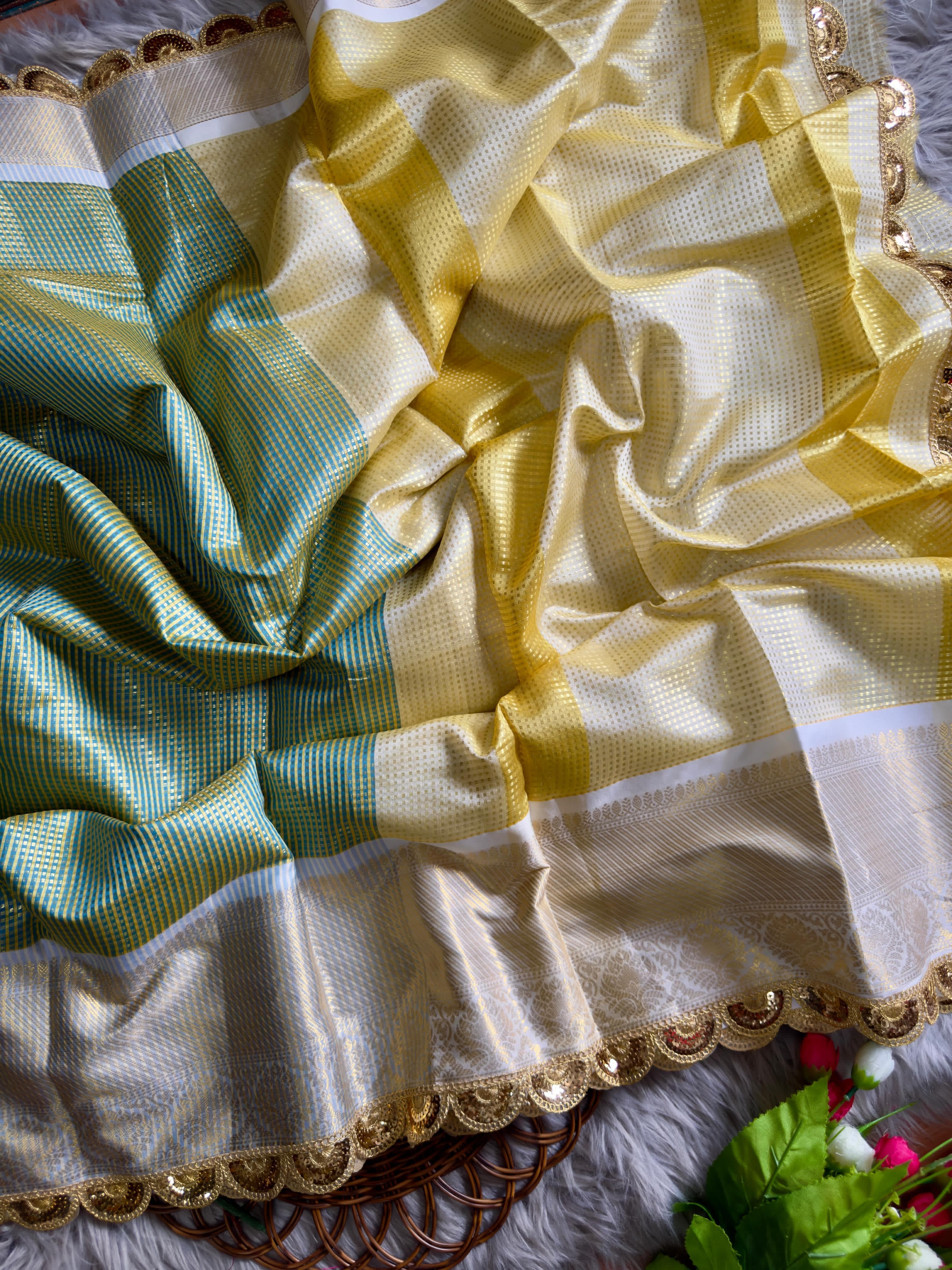 Grey Teal Soft Banarsi Handloom Soft Tissue Silk Saree