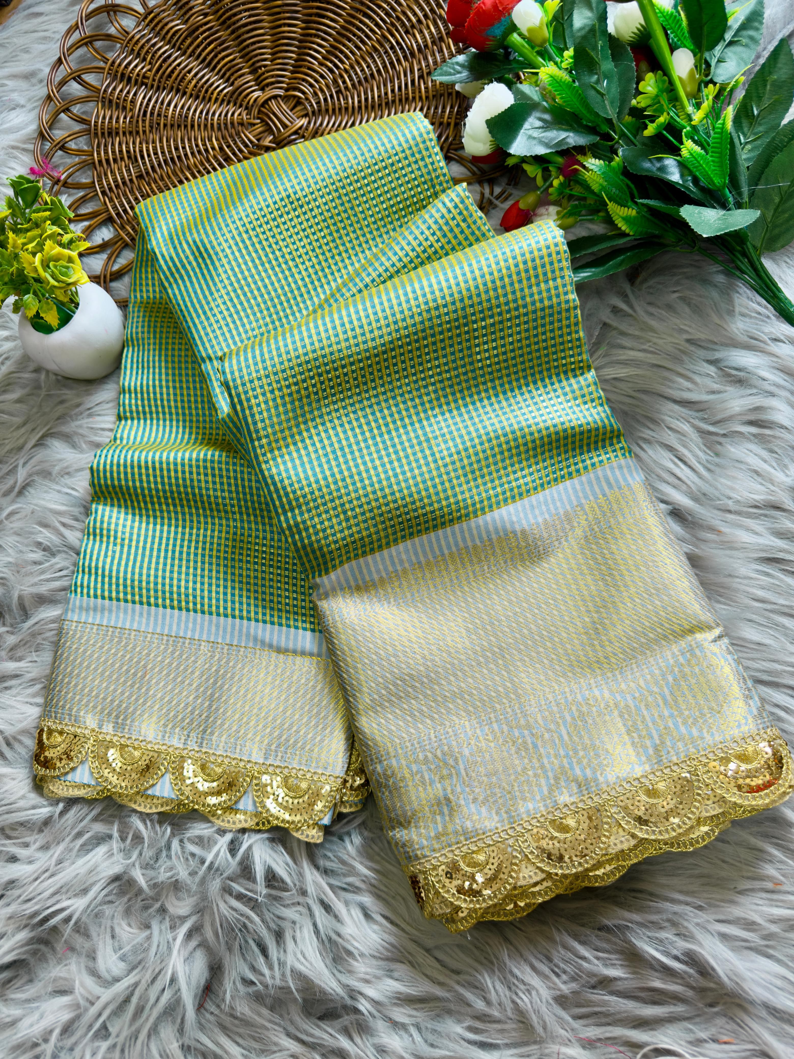Grey Teal Soft Banarsi Handloom Soft Tissue Silk Saree