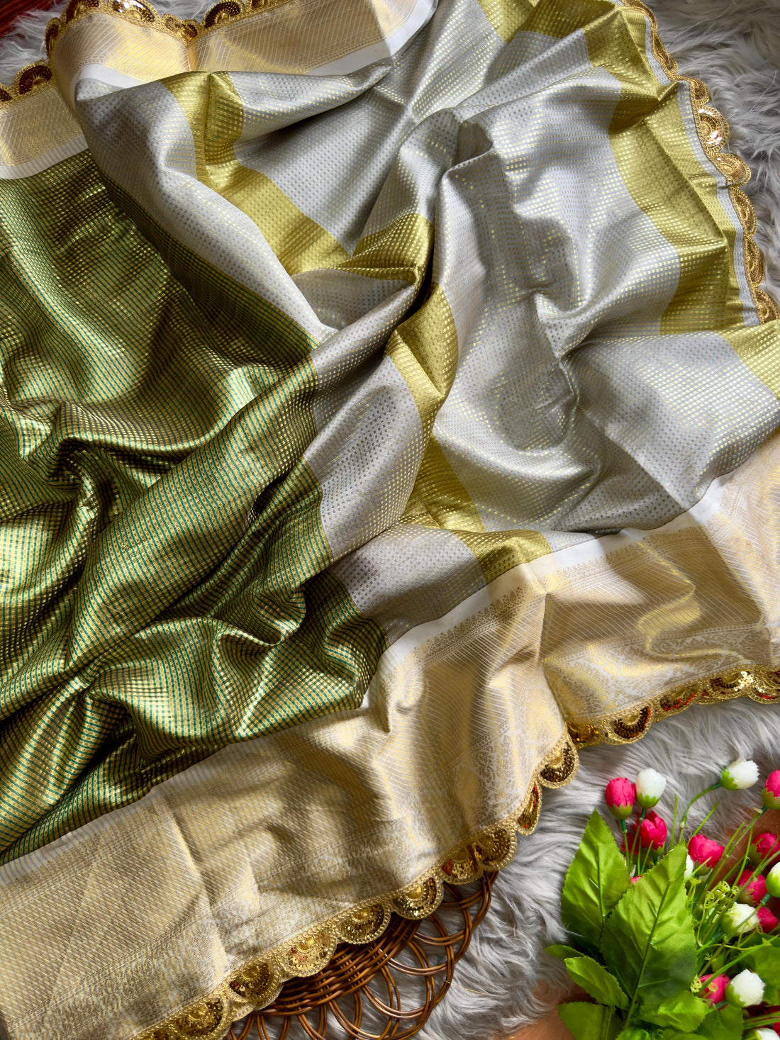 Muddy Green Soft Banarsi Handloom Soft Tissue Silk Saree
