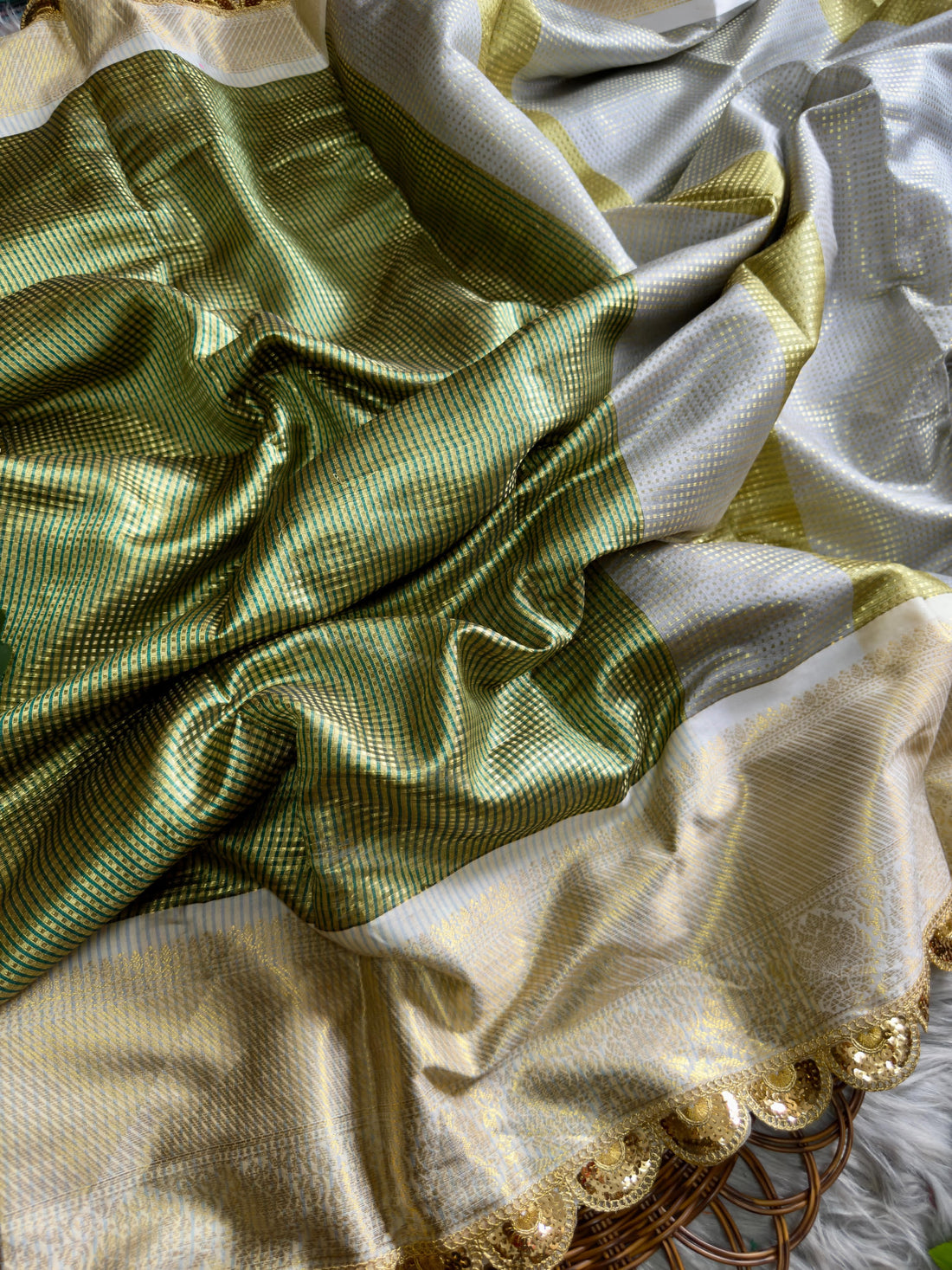 Muddy Green Soft Banarsi Handloom Soft Tissue Silk Saree