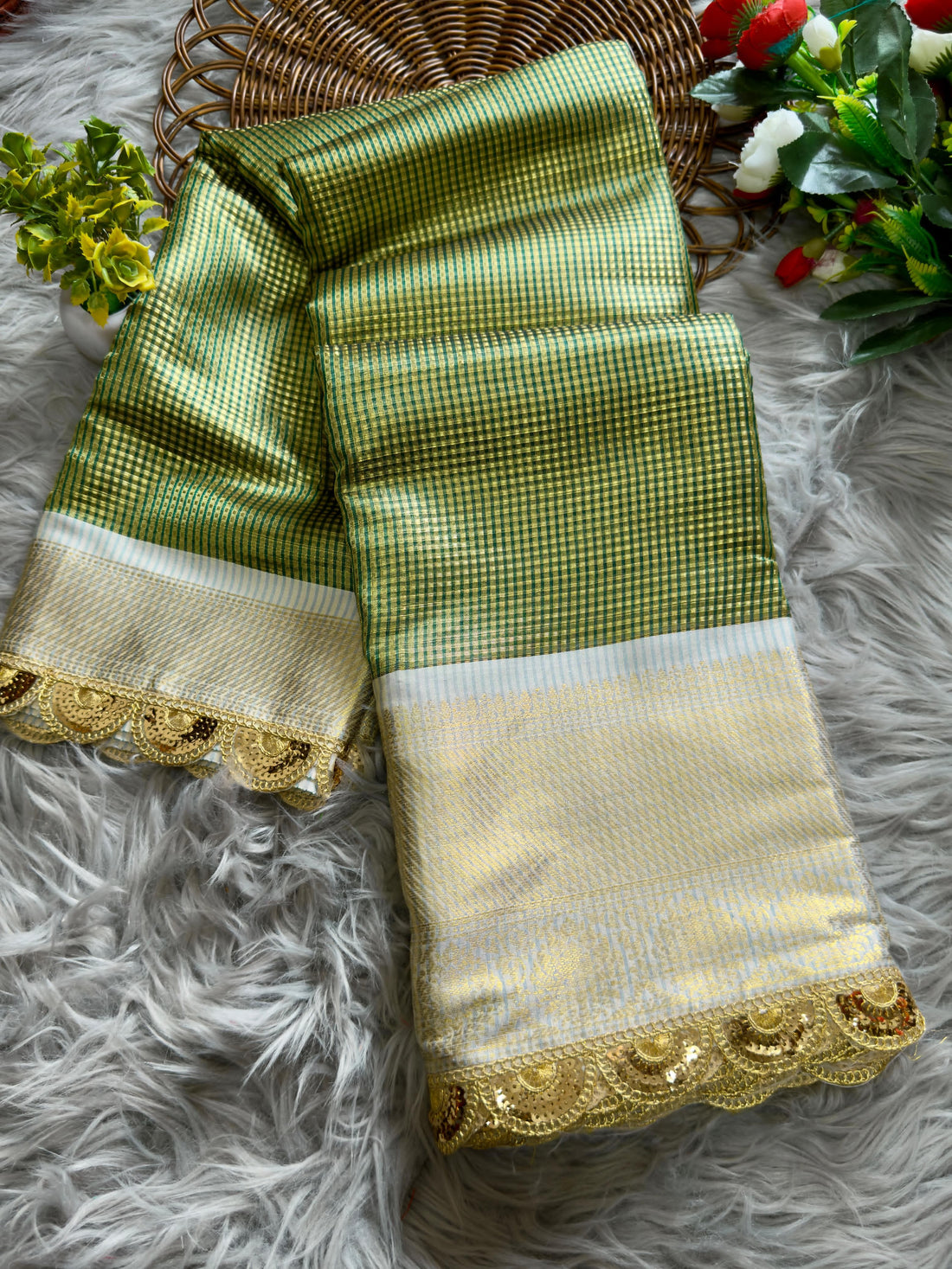 Muddy Green Soft Banarsi Handloom Soft Tissue Silk Saree