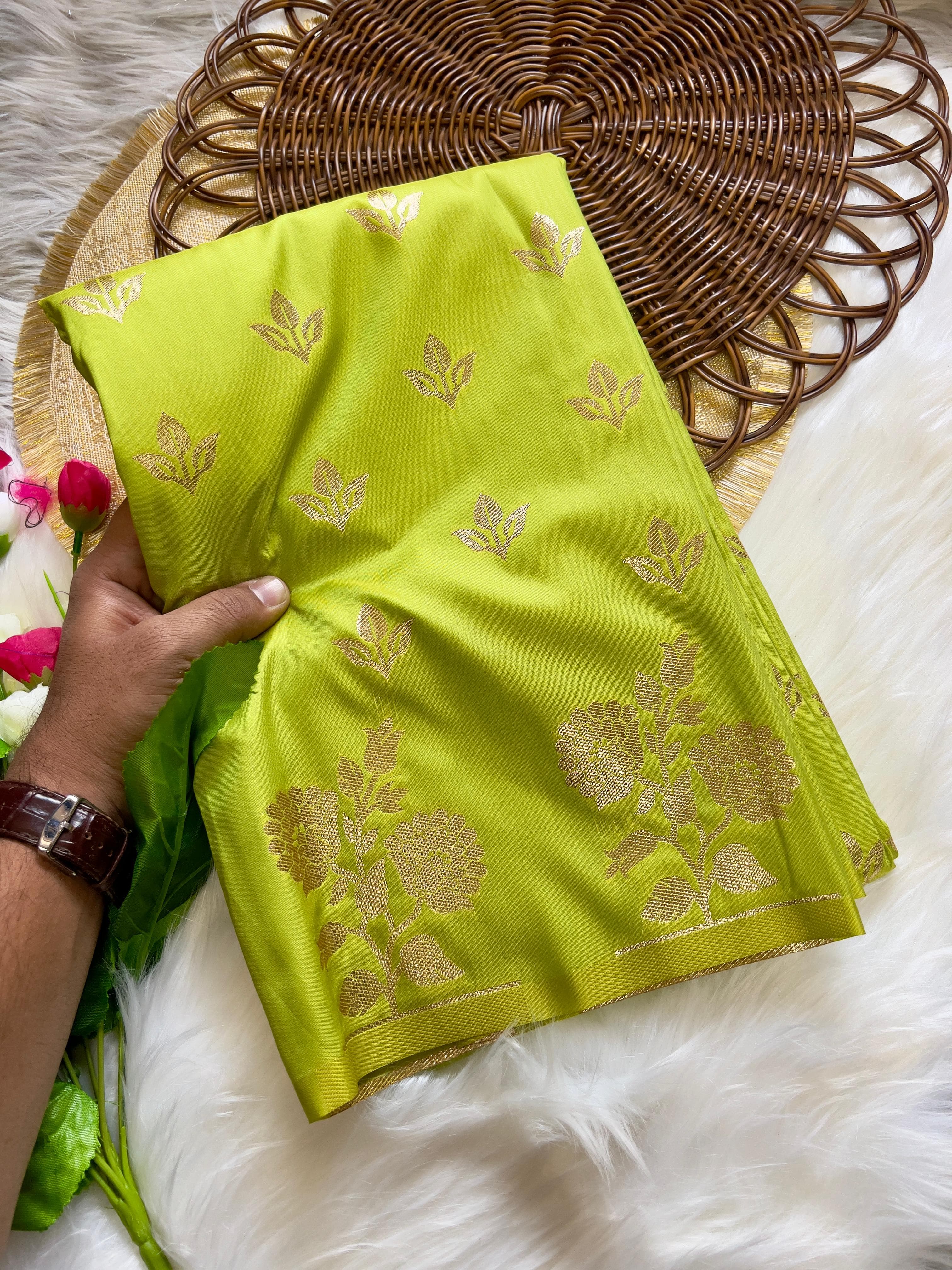 Mustard Green Soft Banarsi Katan Silk Saree