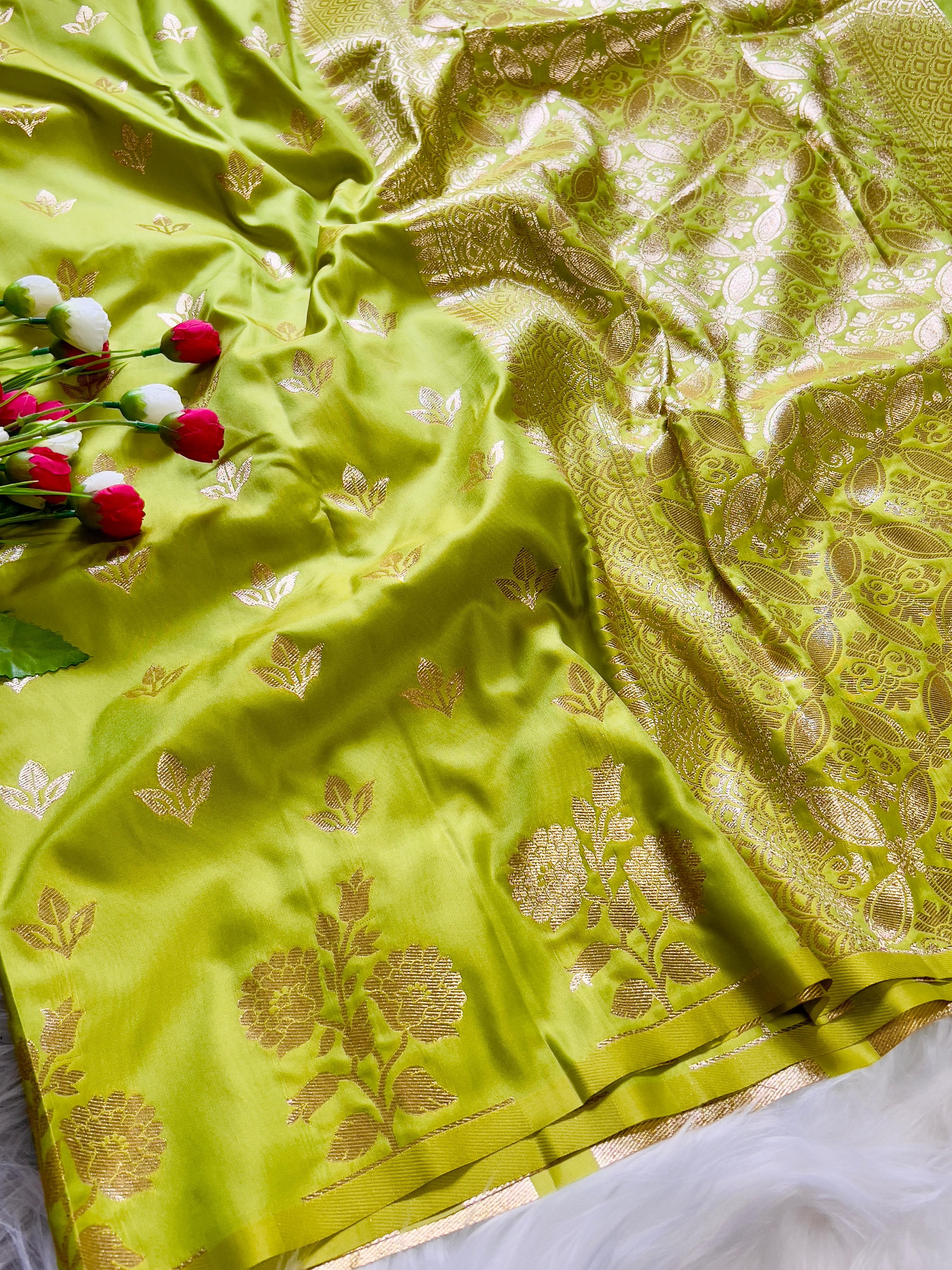 Mustard Green Soft Banarsi Katan Silk Saree