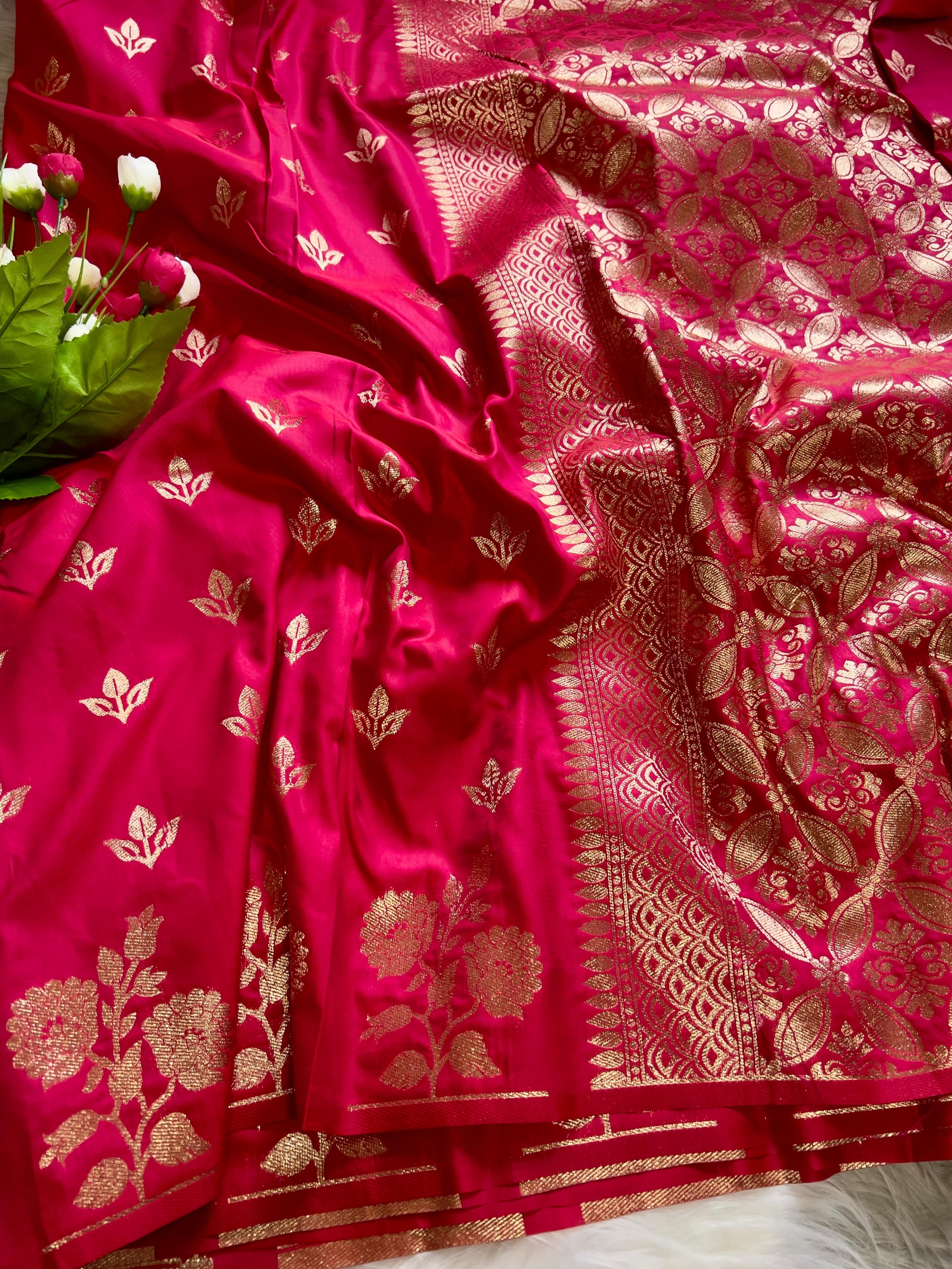Pinkish Red Soft Banarsi Katan Silk Saree