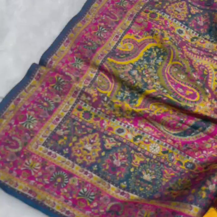 French Blue Pashmina Kashmiri Sarees with meena weaves and kashmiri weaves